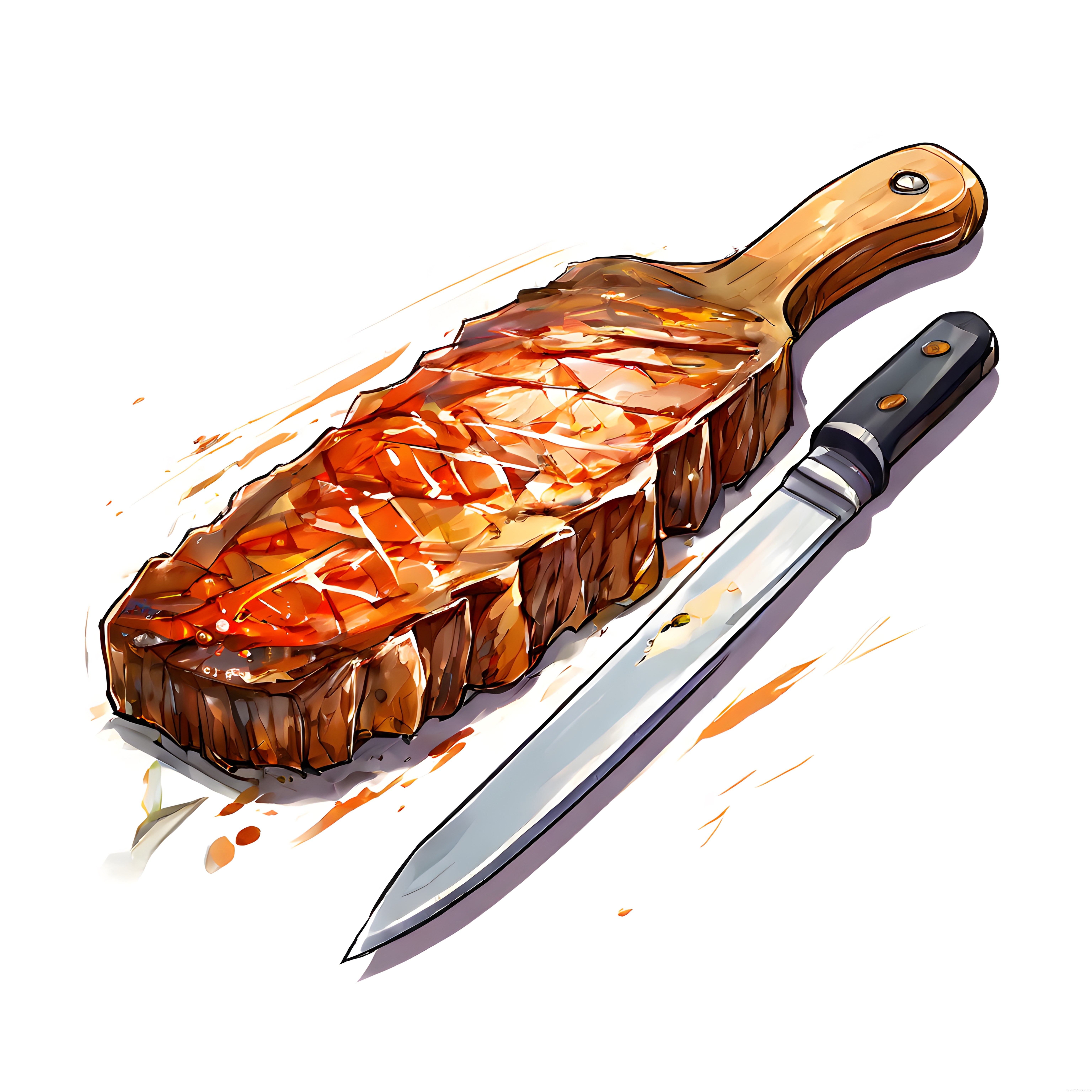 Ahşap Sunum Tahtası Üzerinde Izgara T-Bone Steak ve Şef Bıçağı Dijital Çizim