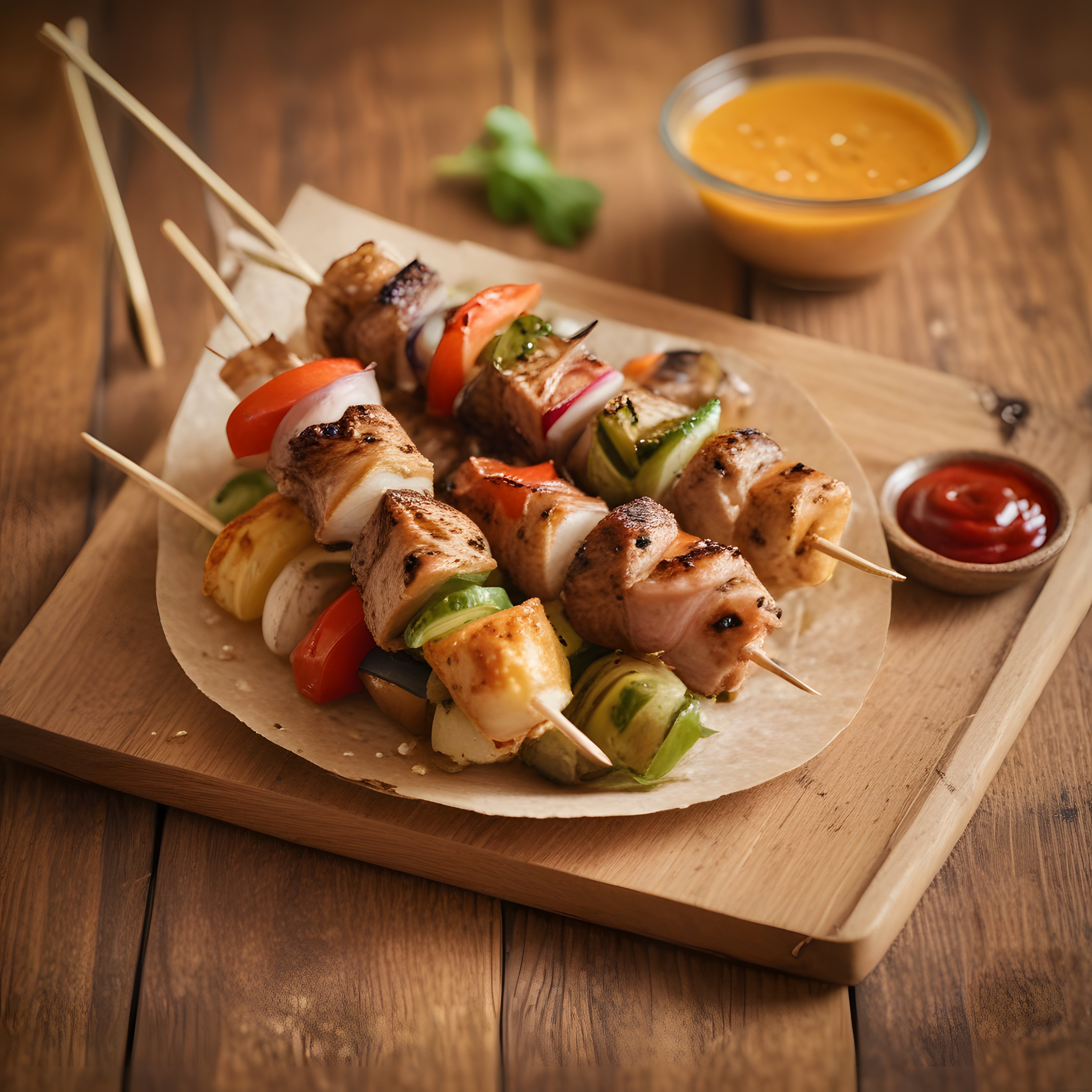 Ahşap Sunum Tahtası Üzerinde Izgara Tavuk Şiş ve Sebze Kebabı Sos Eşliğinde