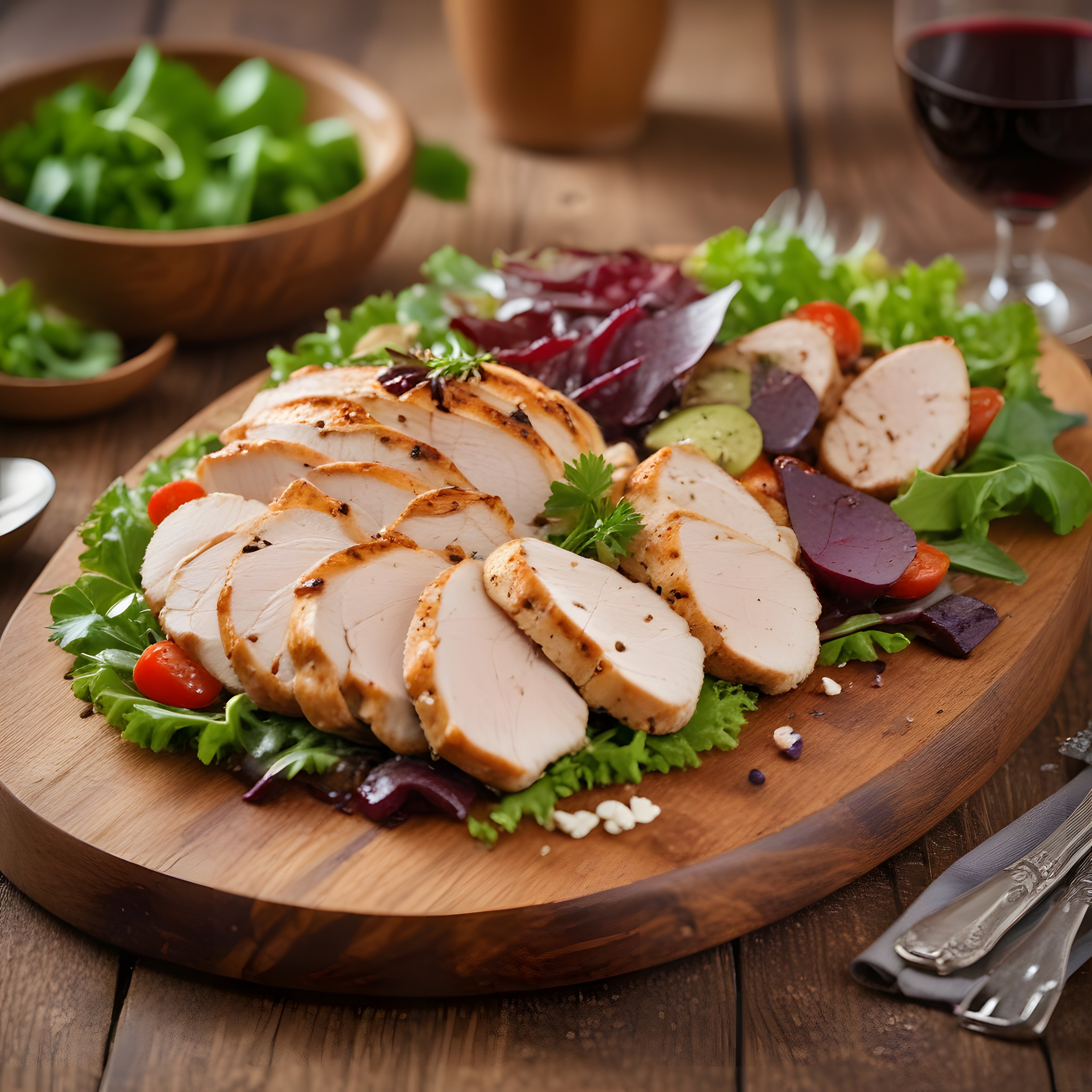 Ahşap Sunum Tahtası Üzerinde Izgara Tavuk ve Taze Yeşillikli Salata