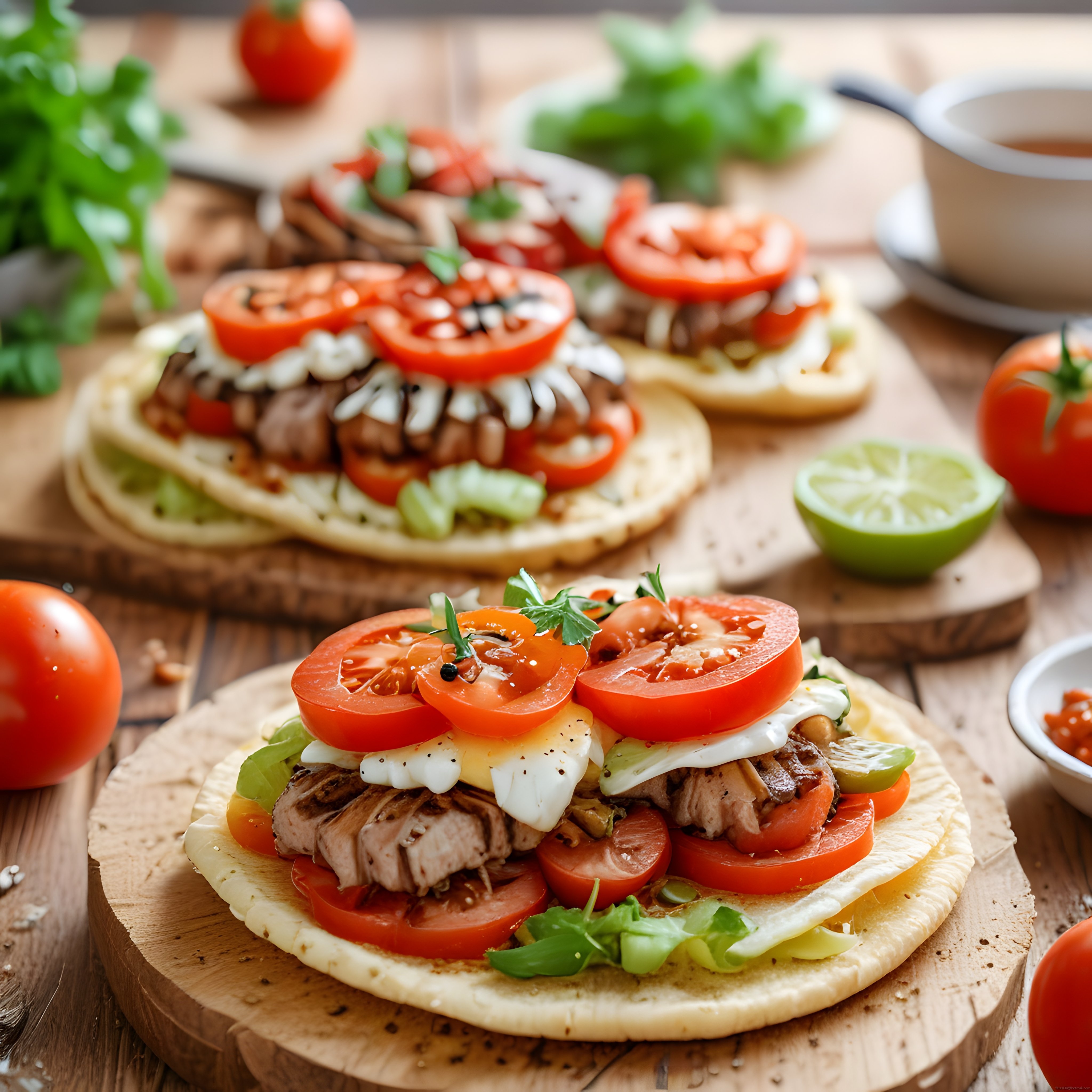 Ahşap sunum tahtası üzerinde ızgara tavuklu ve domatesli açık sandviç