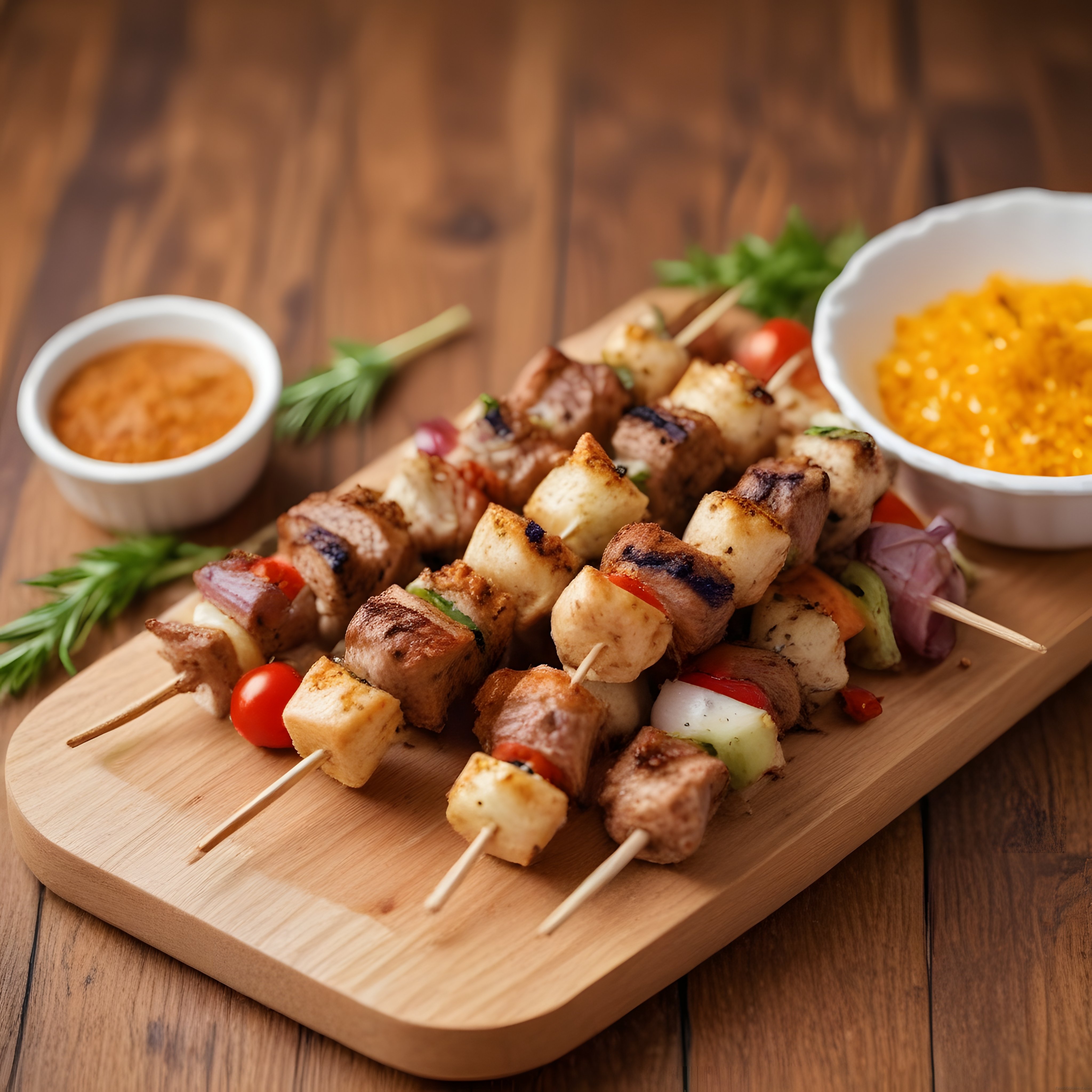 Ahşap sunum tahtası üzerinde ızgarada et ve peynirli şiş kebap sunumu