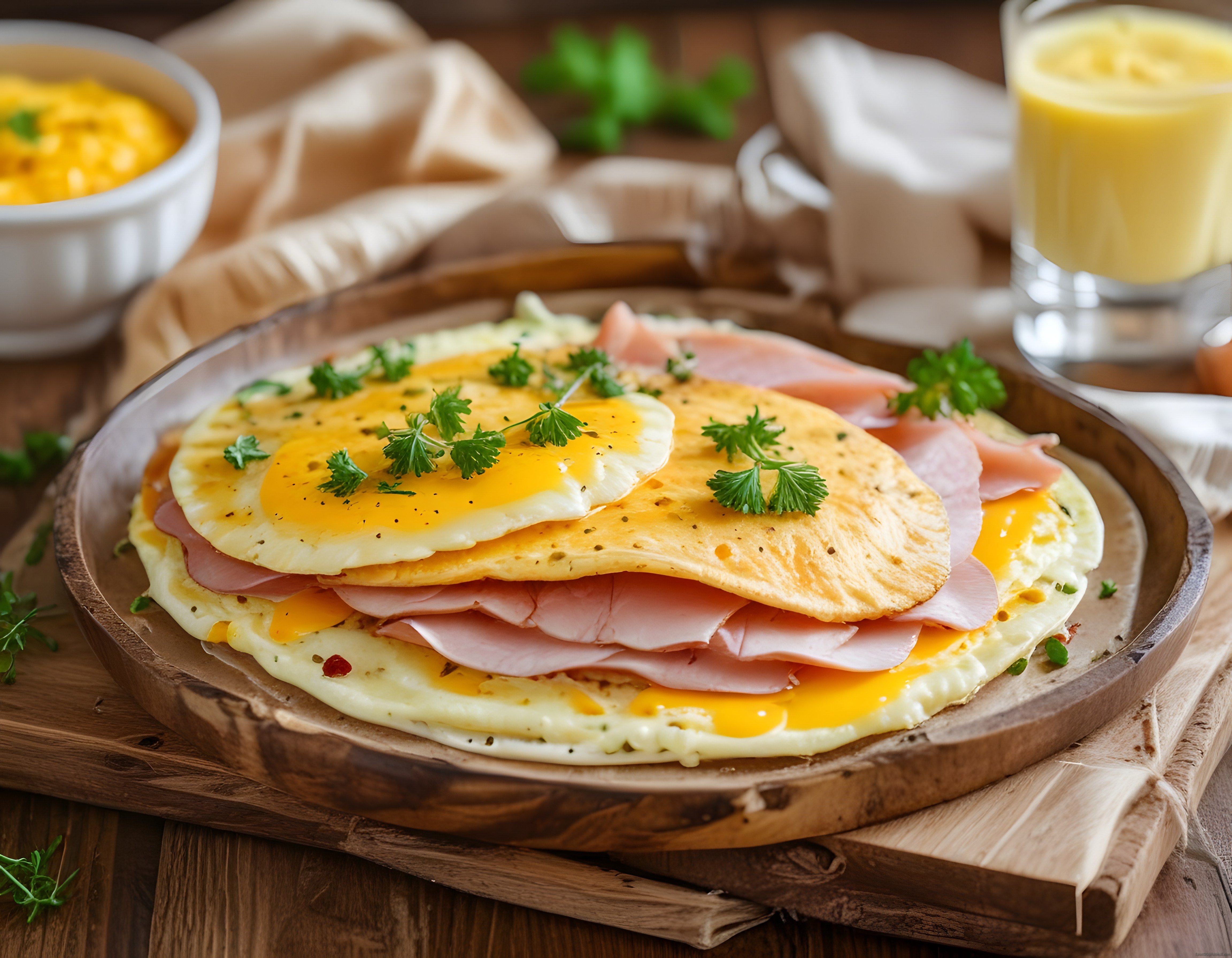 Ahşap Sunum Tahtası Üzerinde Jambonlu Peynirli Katmanlı Yumurta ve Portakal Suyu