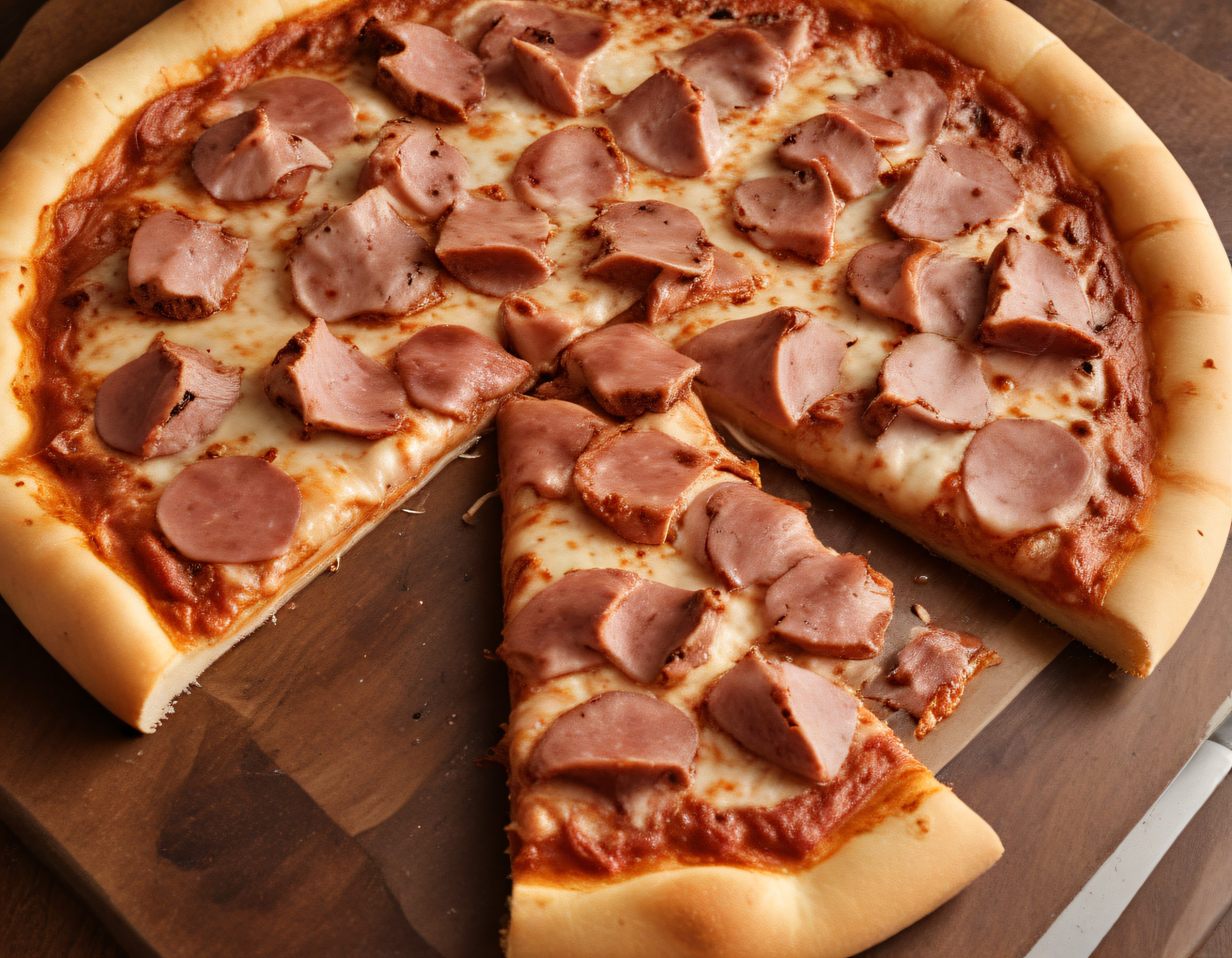 Ahşap Sunum Tahtası Üzerinde Jambonlu ve Mozzarellalı İtalyan Pizza Dilimi