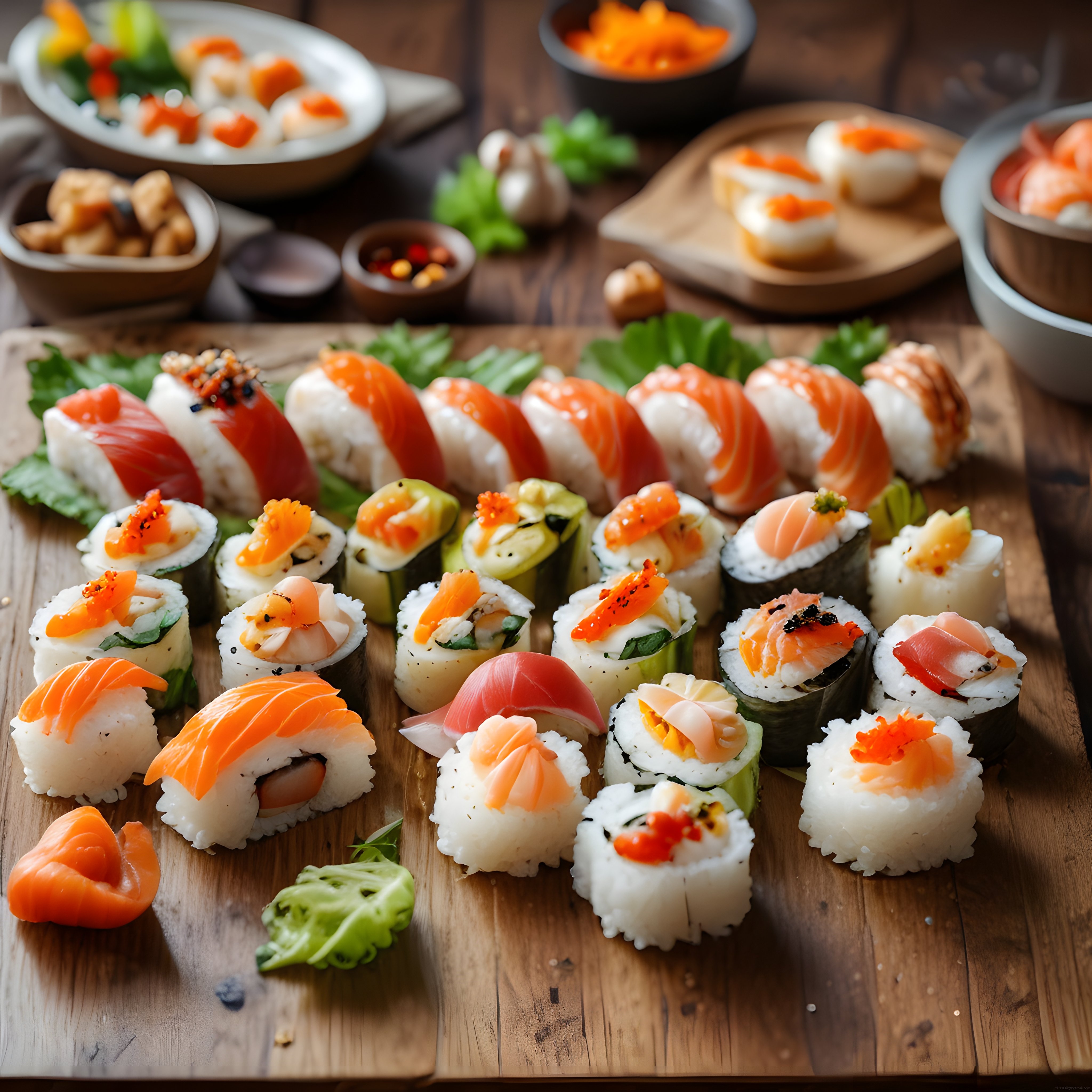 Ahşap Sunum Tahtası Üzerinde Japon Mutfağından Taze Sushi ve Makiler