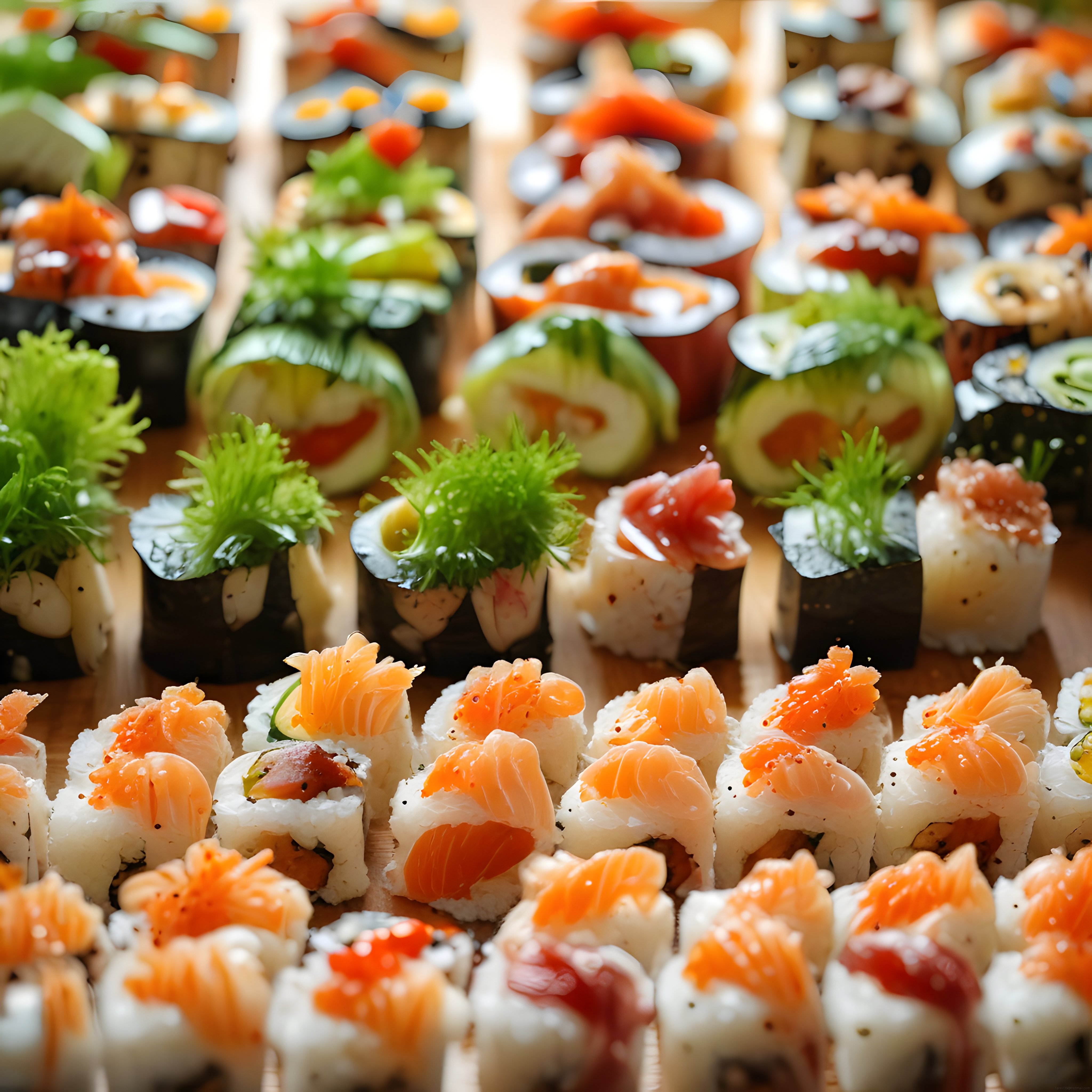 Ahşap Sunum Tahtası Üzerinde Japon Sushi Çeşitleri ve Taze Somonlu Roll'lar