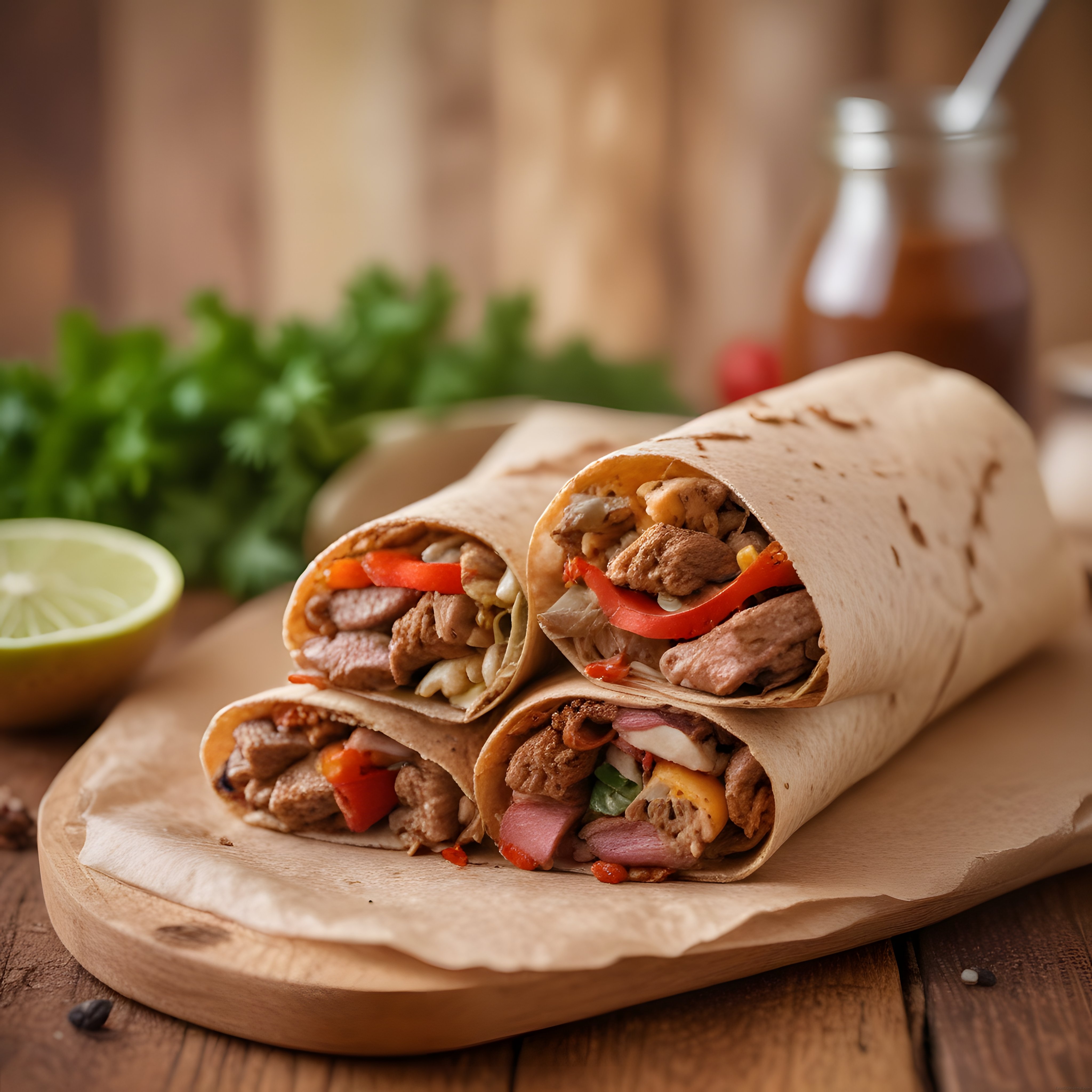 Ahşap sunum tahtası üzerinde kağıda sarılmış etli dürüm ve tavuk wrap çeşitleri