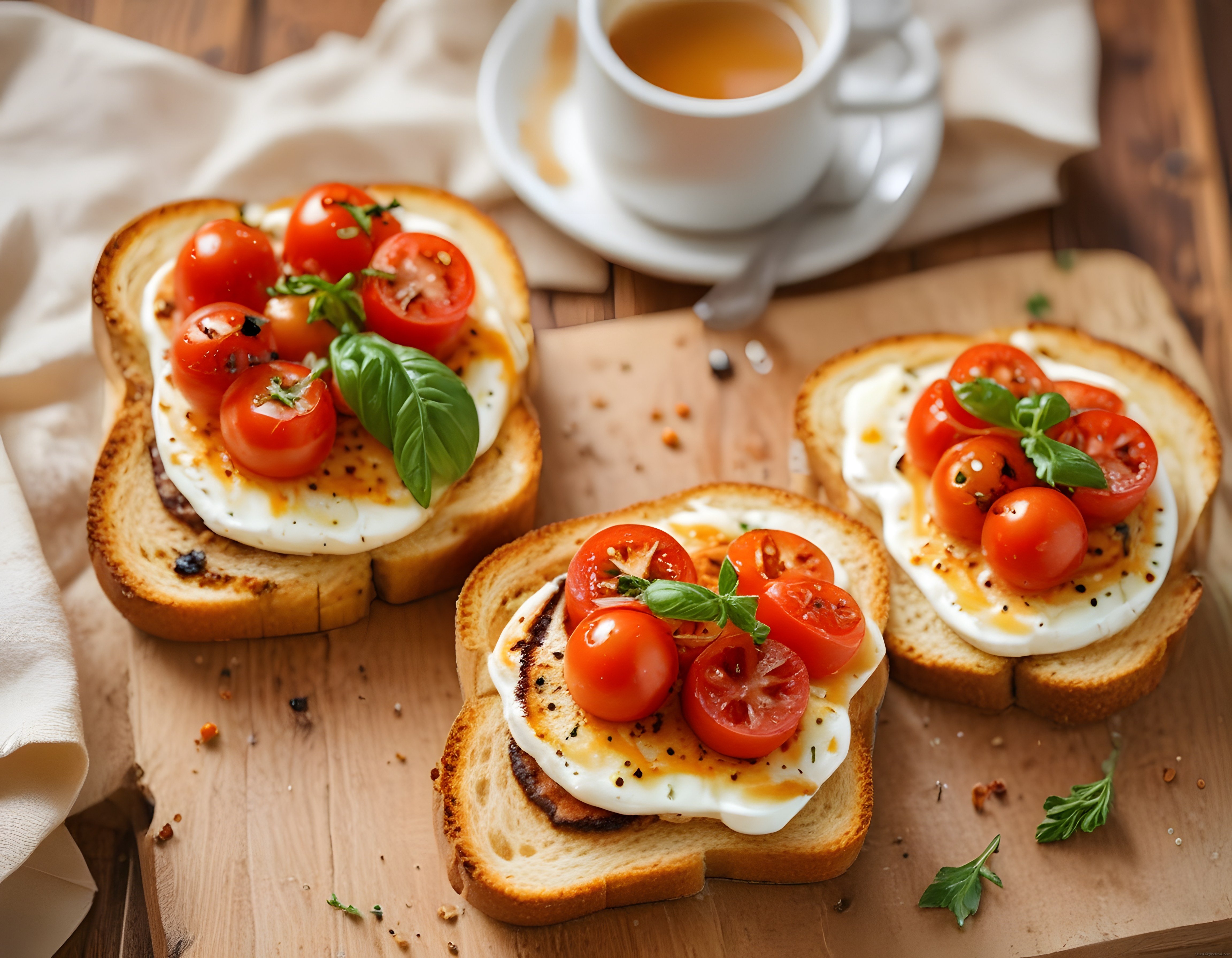 Ahşap sunum tahtası üzerinde kahvaltılık domatesli yumurtalı çıtır ekmekler