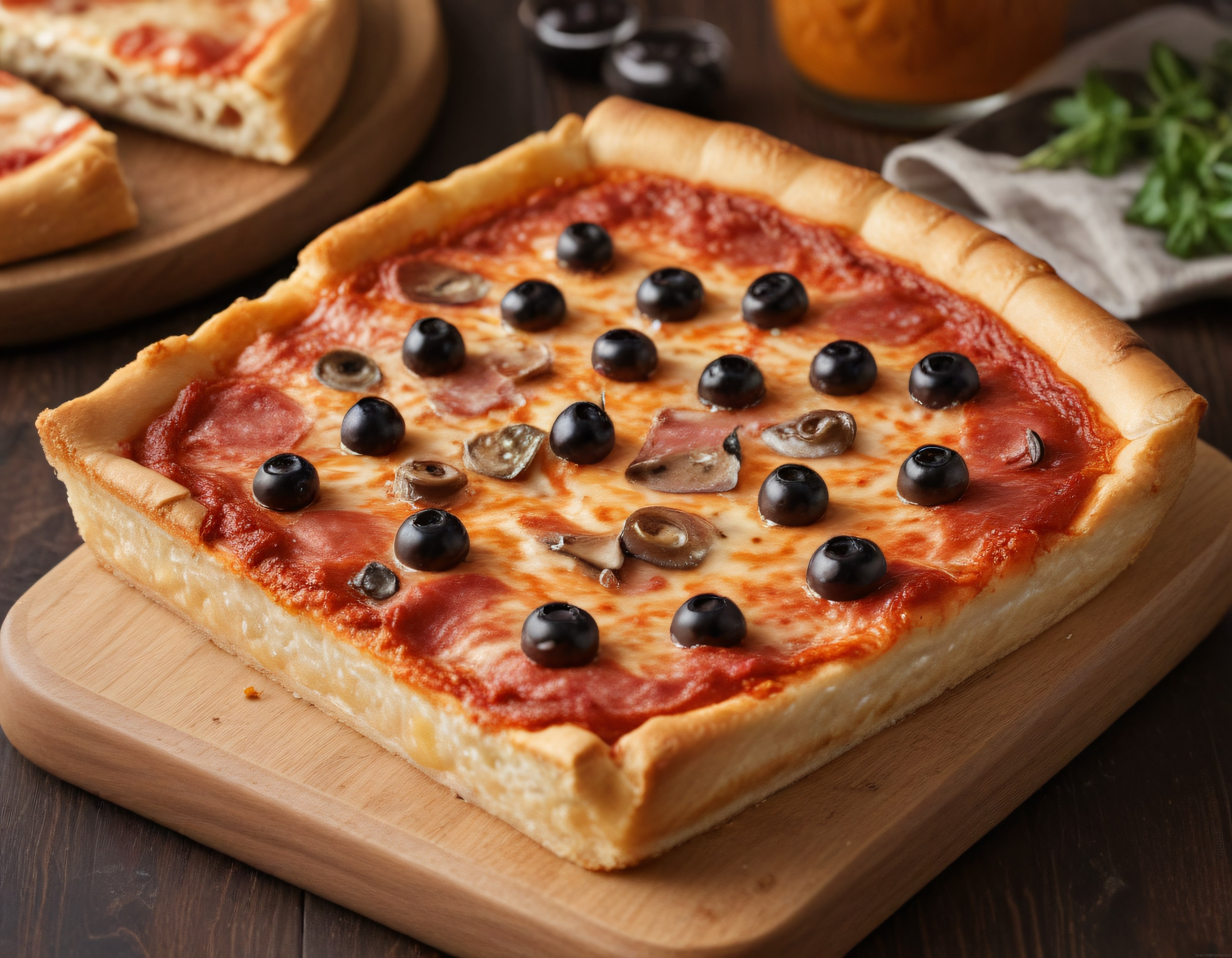 Ahşap Sunum Tahtası Üzerinde Kalın Kenarlı Pepperoni Zeytin Mantarlı Pizza