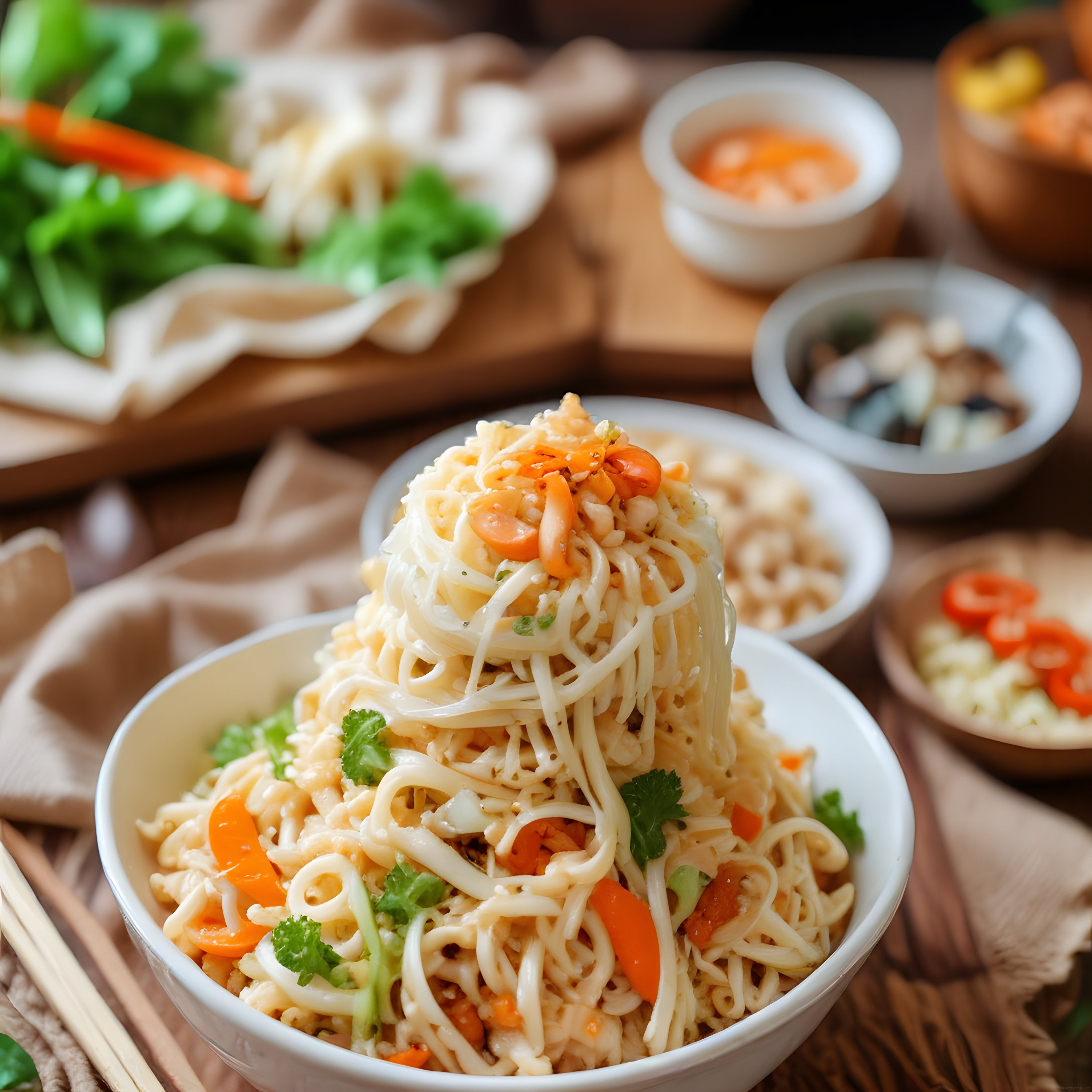 Ahşap sunum tahtası üzerinde karidesli sebzeli Asya noodle kasesi