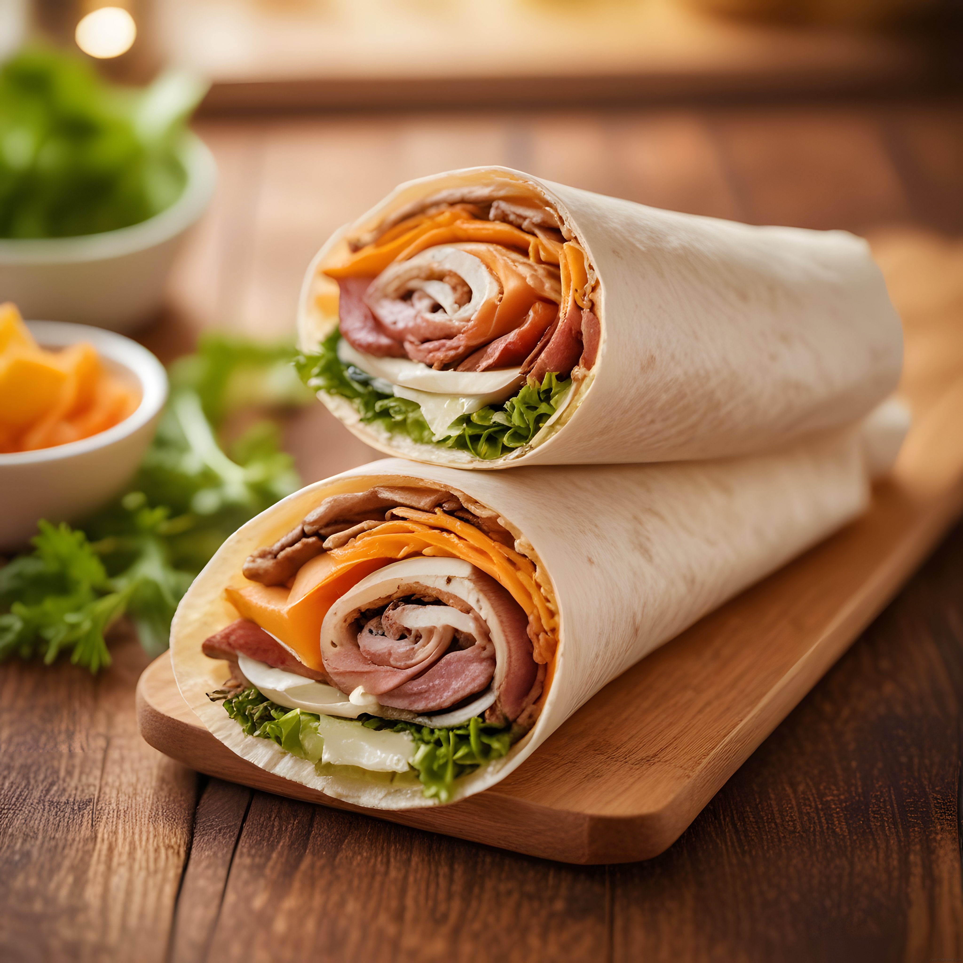 Ahşap Sunum Tahtası Üzerinde Katmanlı Et ve Cheddar Peynirli Wrap Sandviç