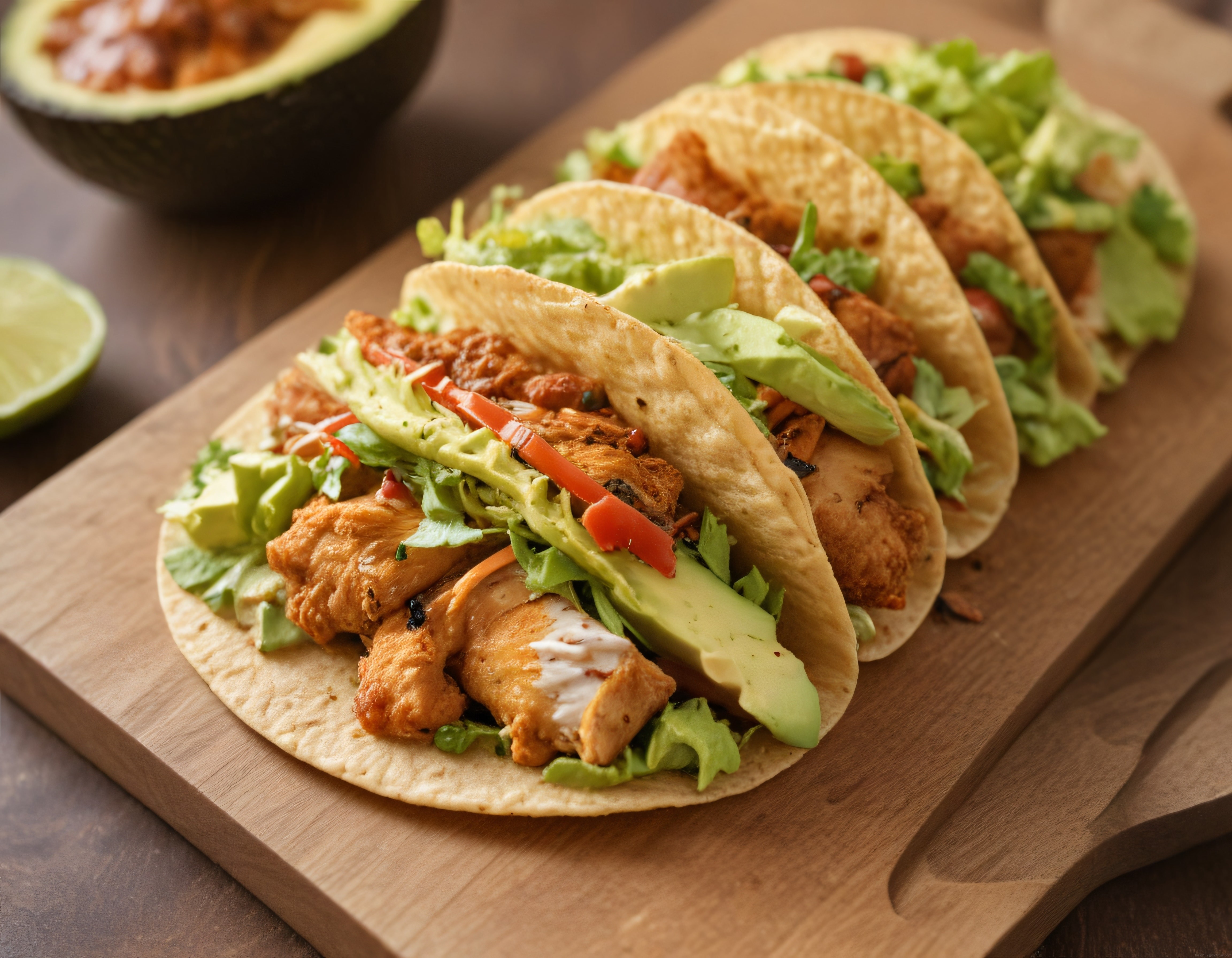 Ahşap sunum tahtası üzerinde kızarmış balıklı taco ve taze avokado dilimleri