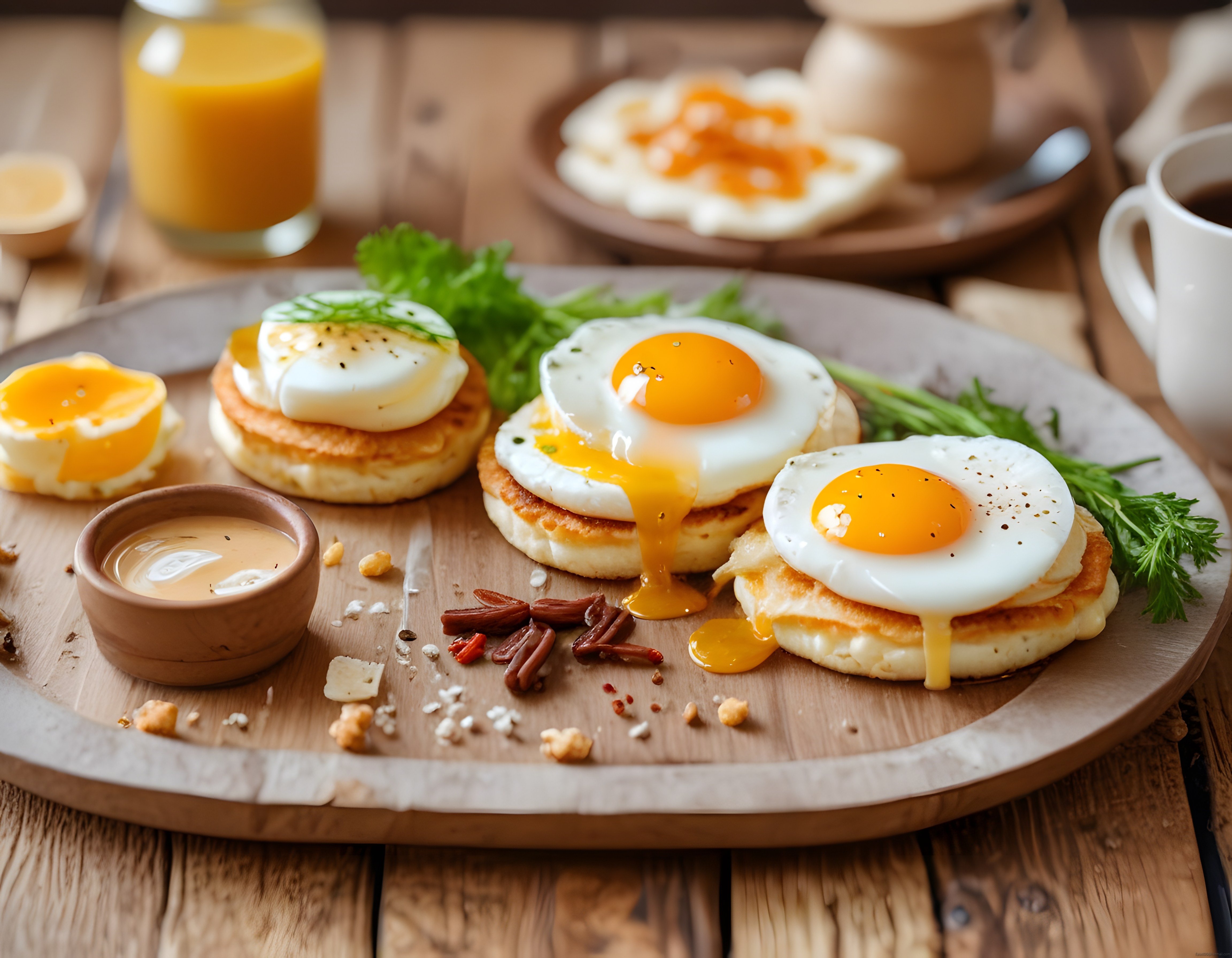 Ahşap sunum tahtası üzerinde kızarmış ekmek üstü sulu yumurta ve portakallı kahvaltı masası