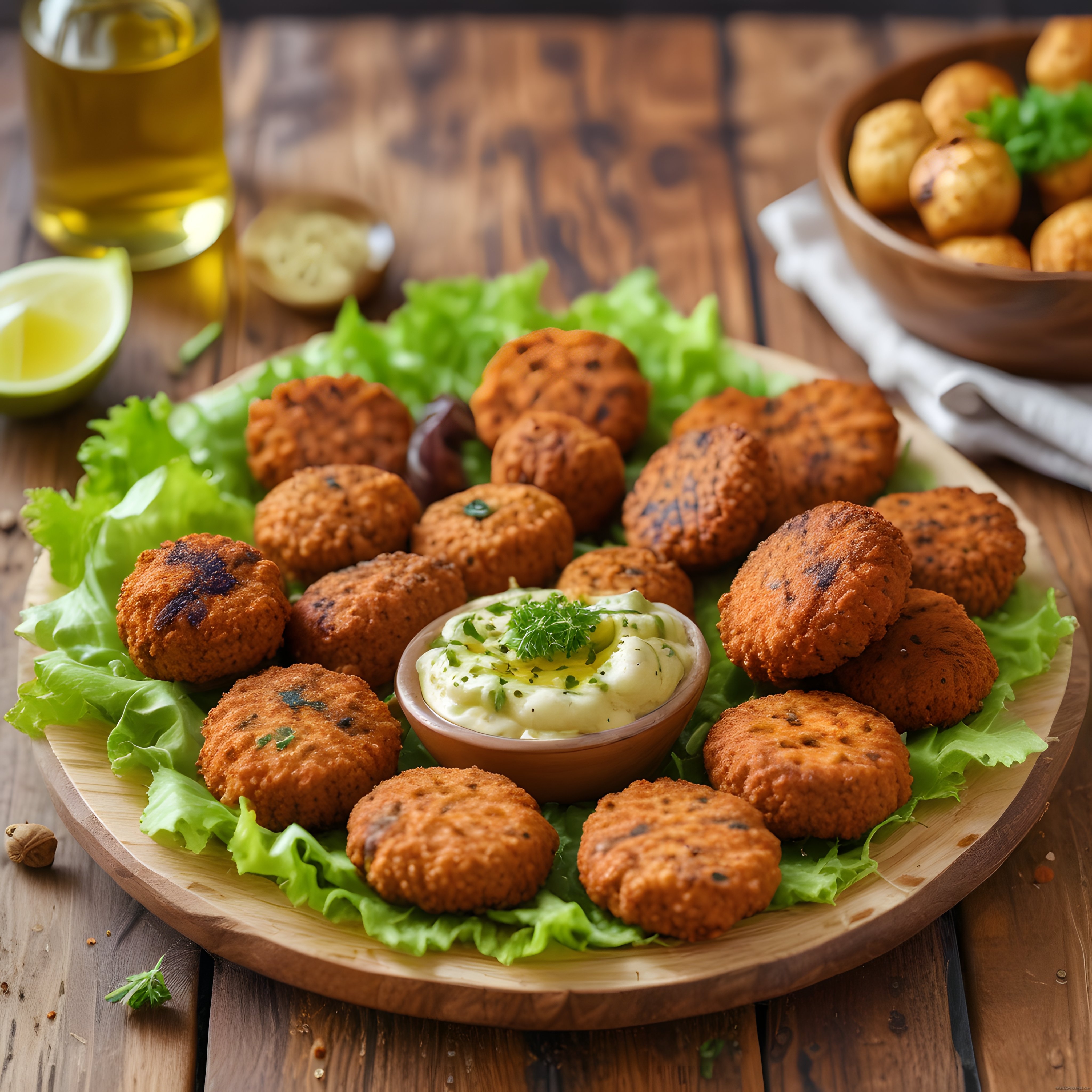 Ahşap Sunum Tahtası Üzerinde Kızarmış Falafel Topları ve Yoğurtlu Dip Sos