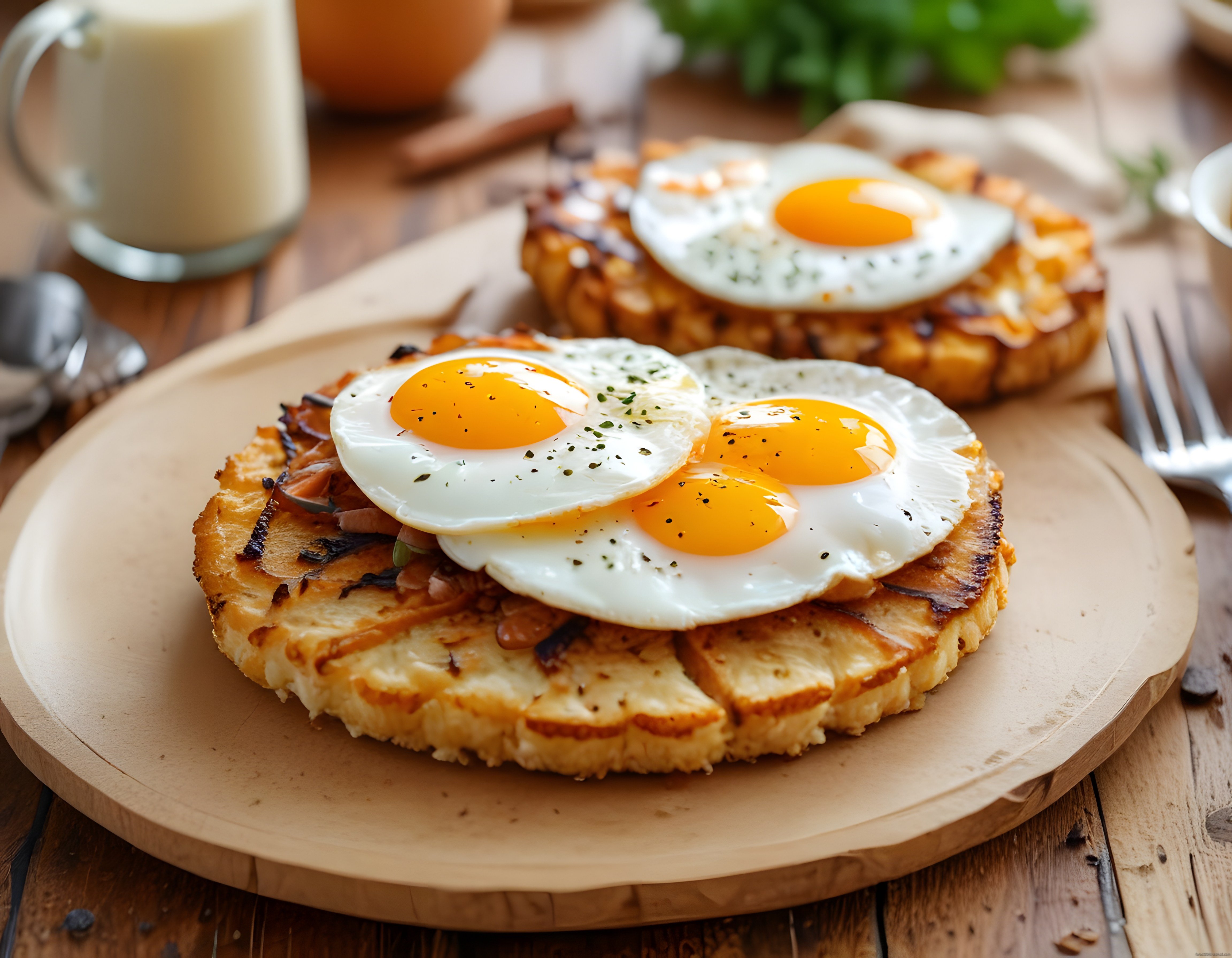 Ahşap Sunum Tahtası Üzerinde Kızarmış Tost ve Güneşte Yumurta Kahvaltısı