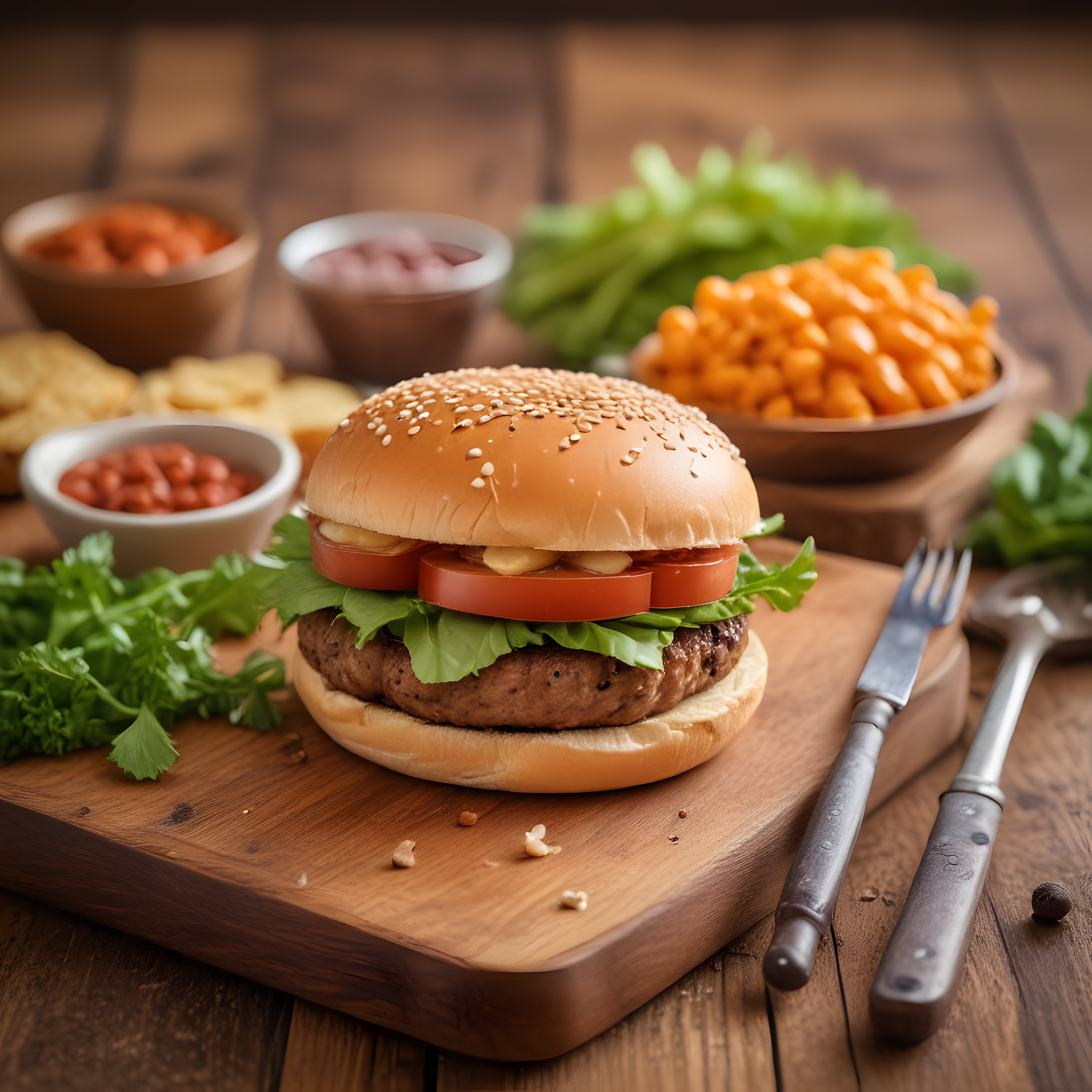 Ahşap Sunum Tahtası Üzerinde Klasik Hamburger ve Patates Kızartması
