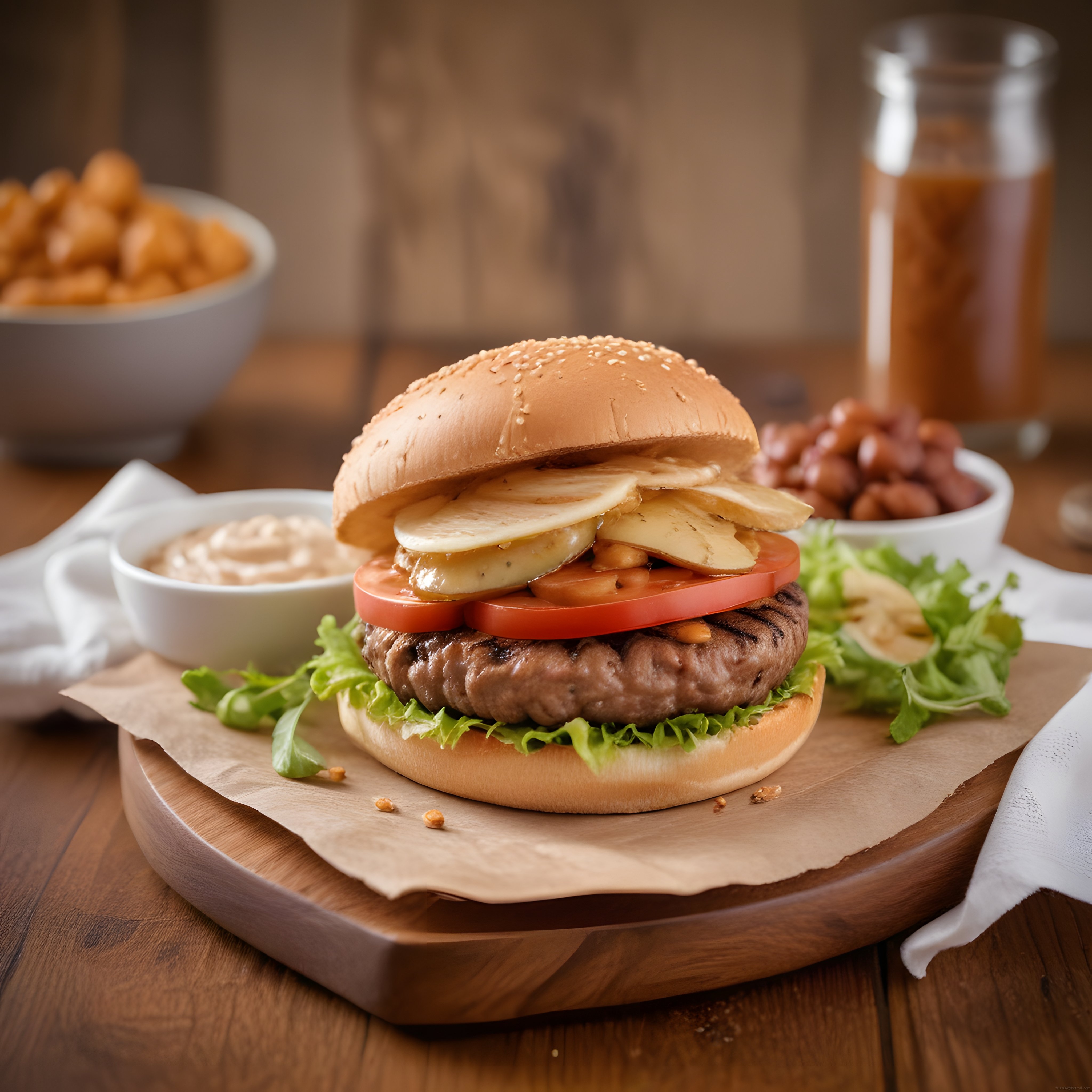 Ahşap Sunum Tahtası Üzerinde Köfte Burger, Peynir ve Yan Lezzetlerle