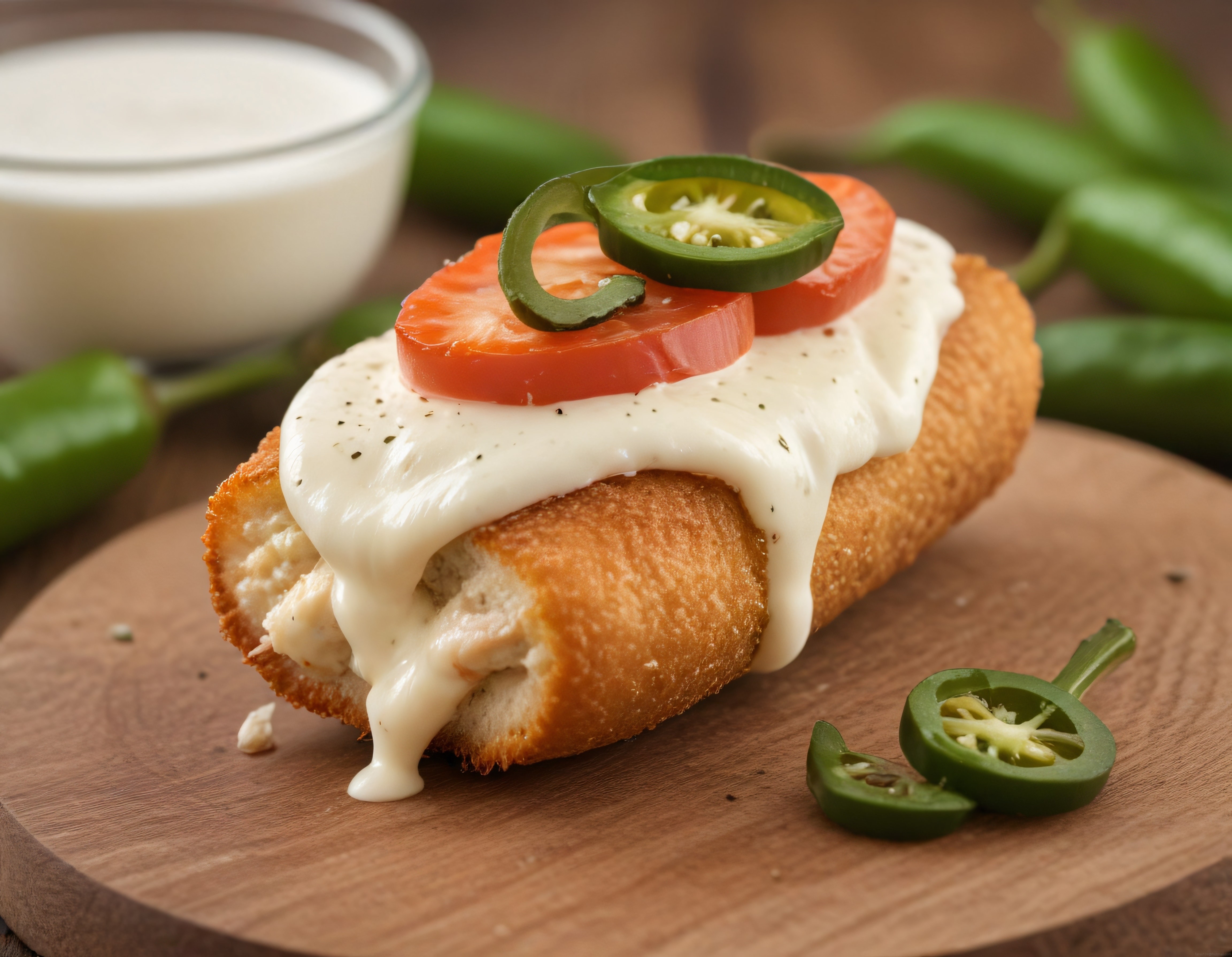 Ahşap Sunum Tahtası Üzerinde Krem Peynirli Domates ve Jalapeno Soslu Kahvaltı