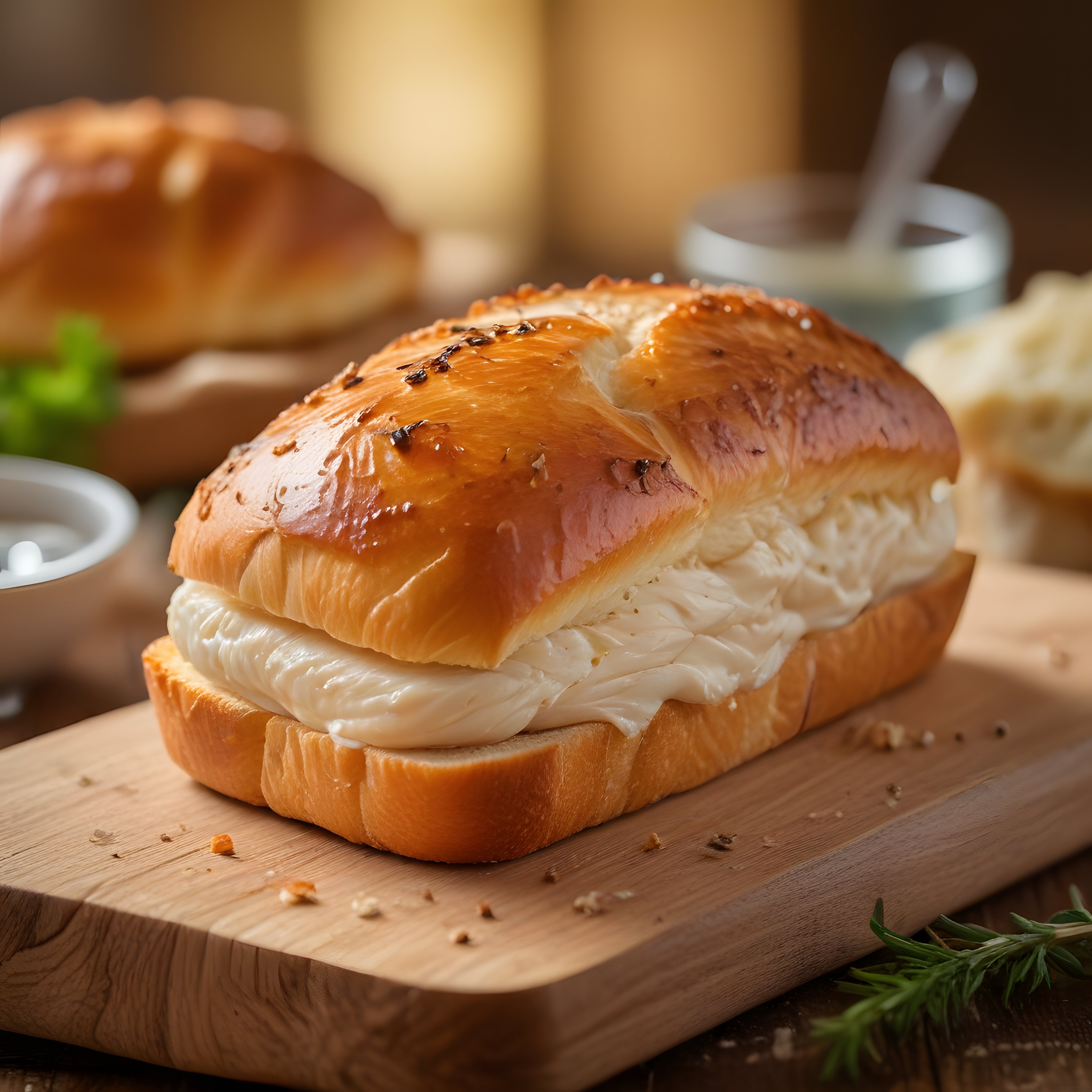 Ahşap Sunum Tahtası Üzerinde Krem Peynirli Tereyağlı Ekmek Dilimi