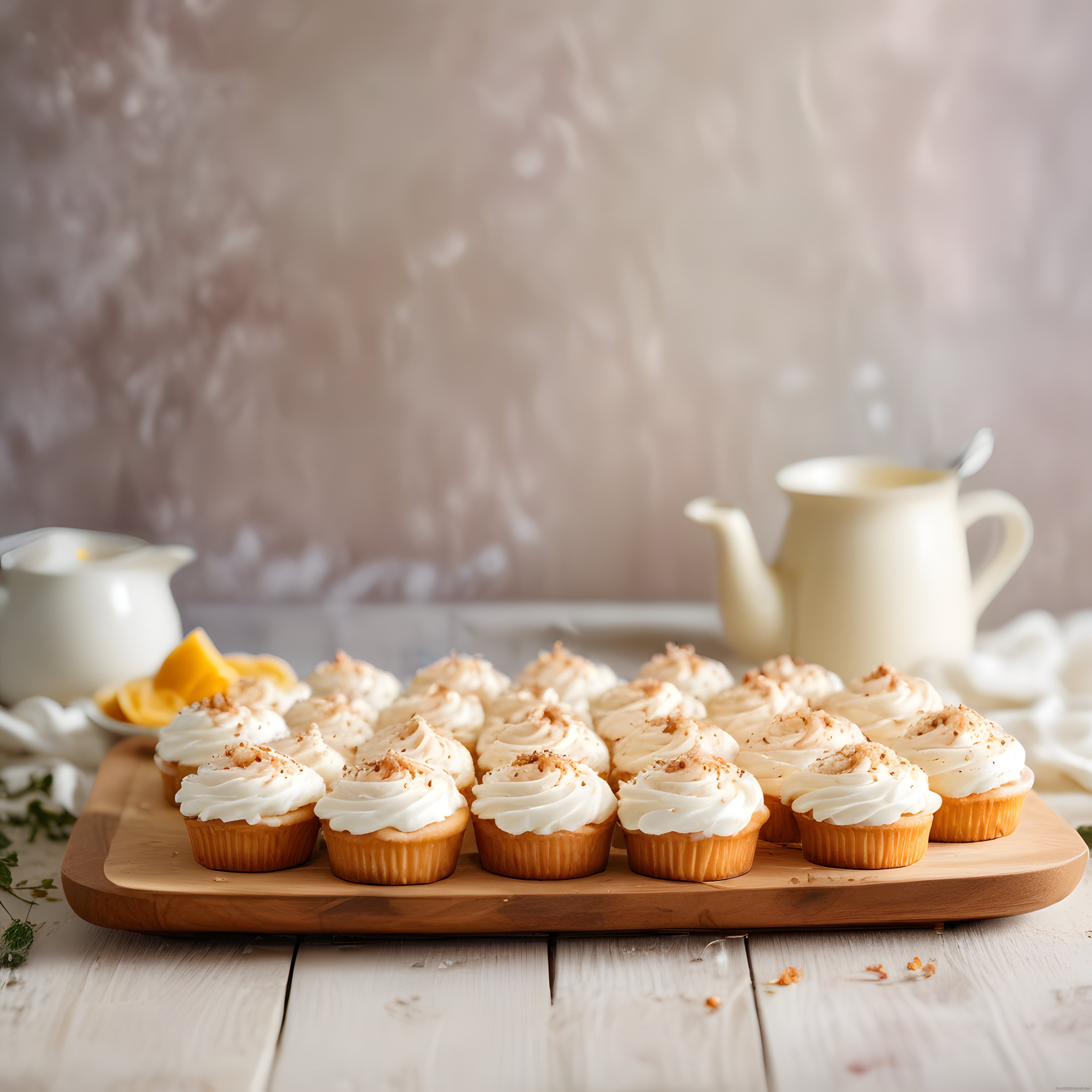 Ahşap sunum tahtası üzerinde krema kaplı cupcake'ler ve rustik mutfak detayları