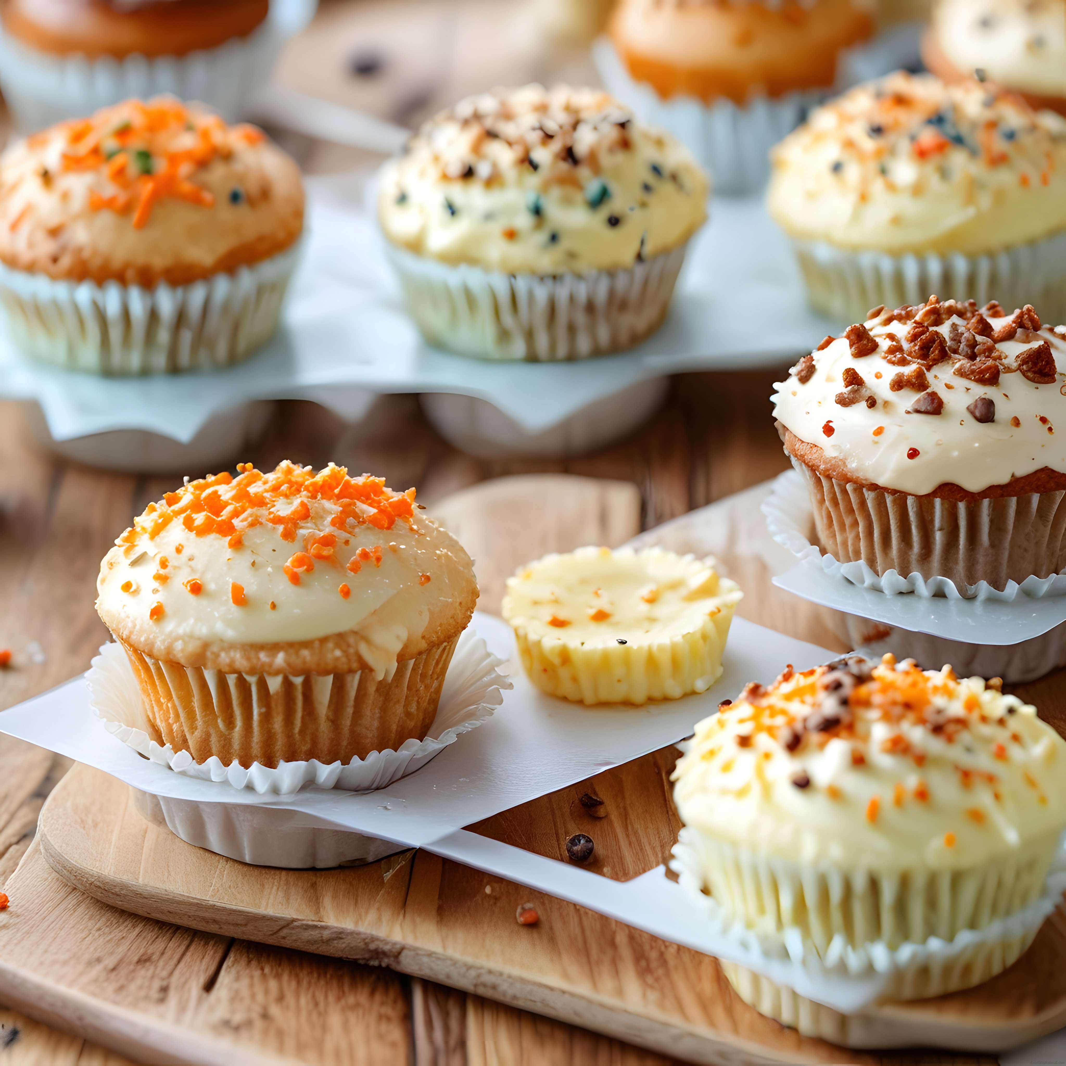 Ahşap sunum tahtası üzerinde krema süslü taze cupcake ve muffin çeşitleri