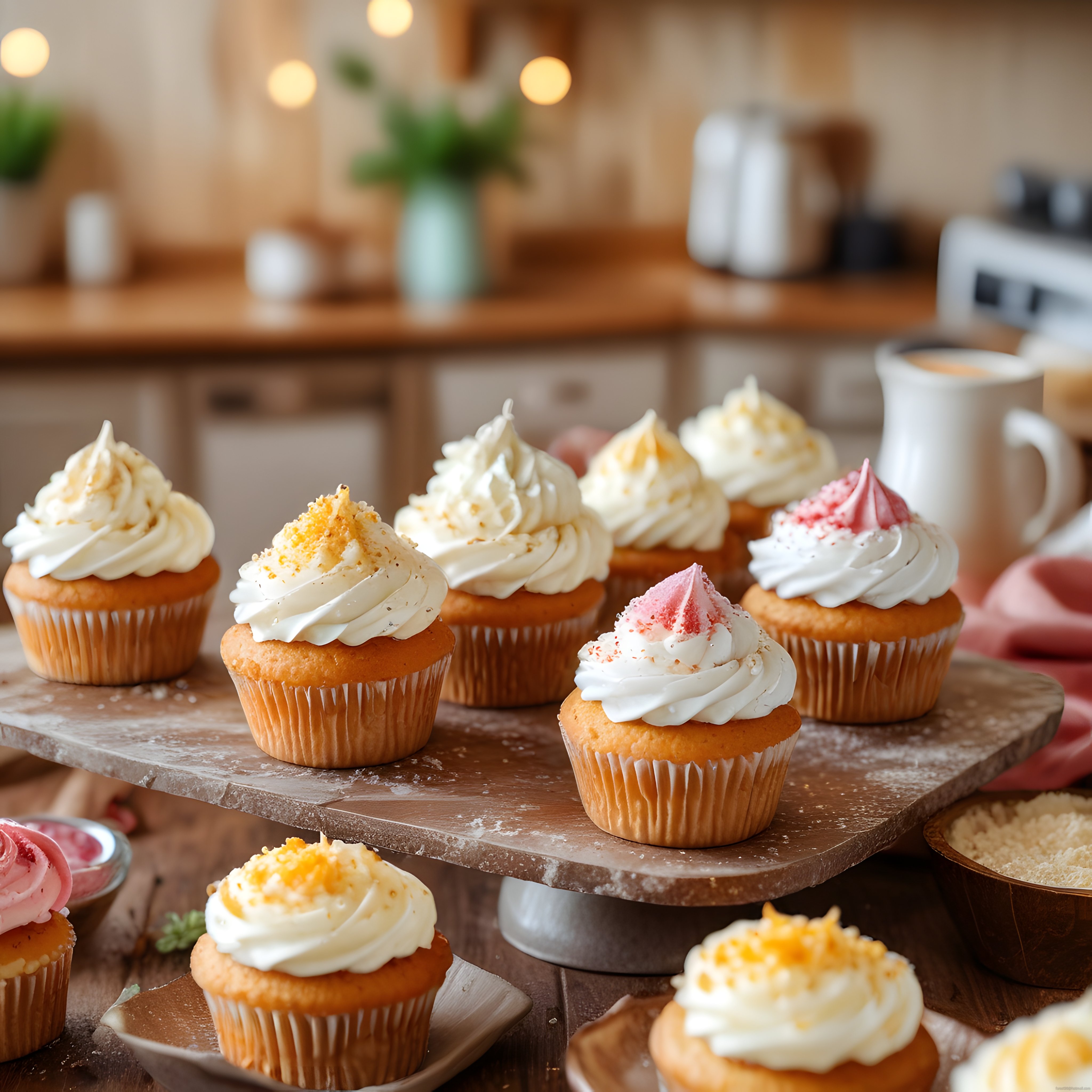 Ahşap Sunum Tahtası Üzerinde Kremalı Cupcake Çeşitleri ve Sıcak Mutfak