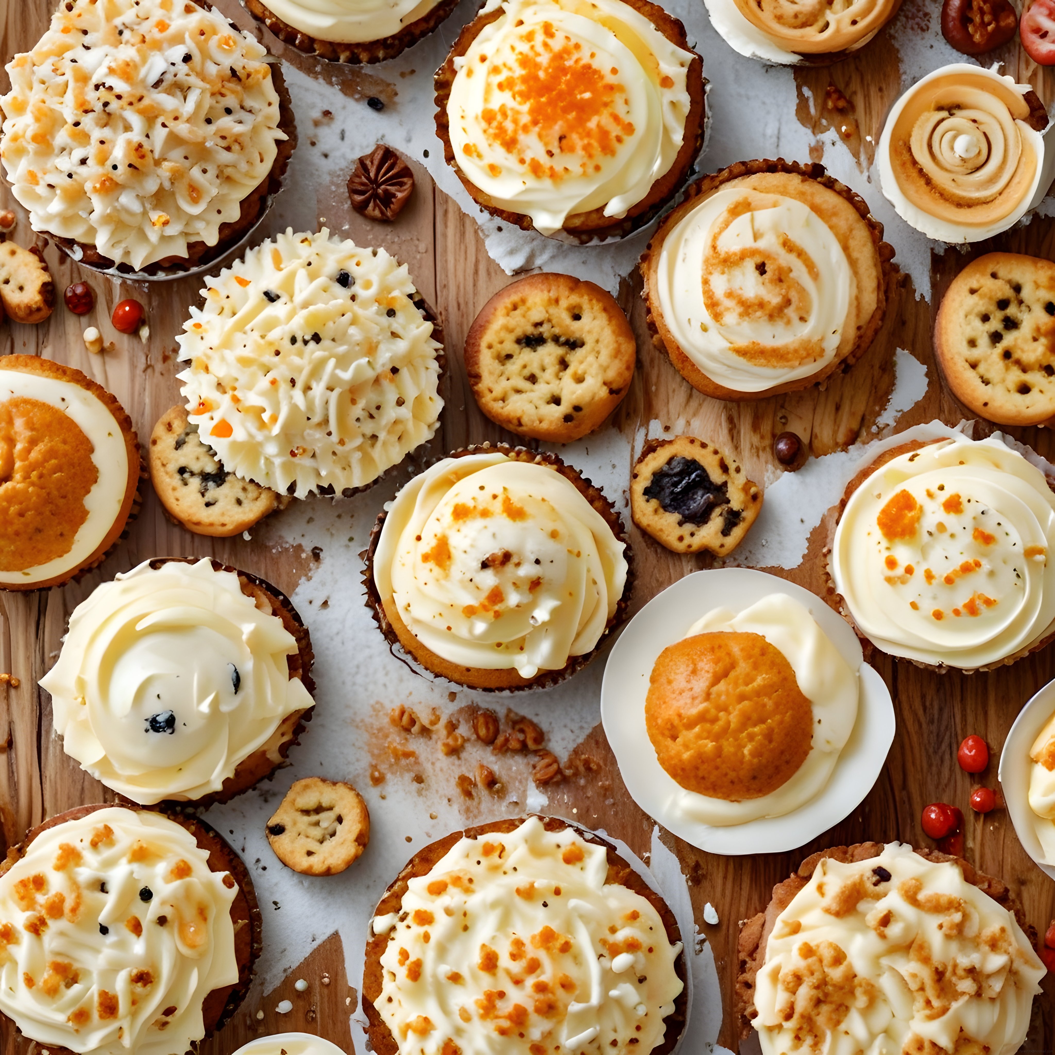 Ahşap Sunum Tahtası Üzerinde Kremalı Cupcake ve Ev Yapımı Muffin Çeşitleri