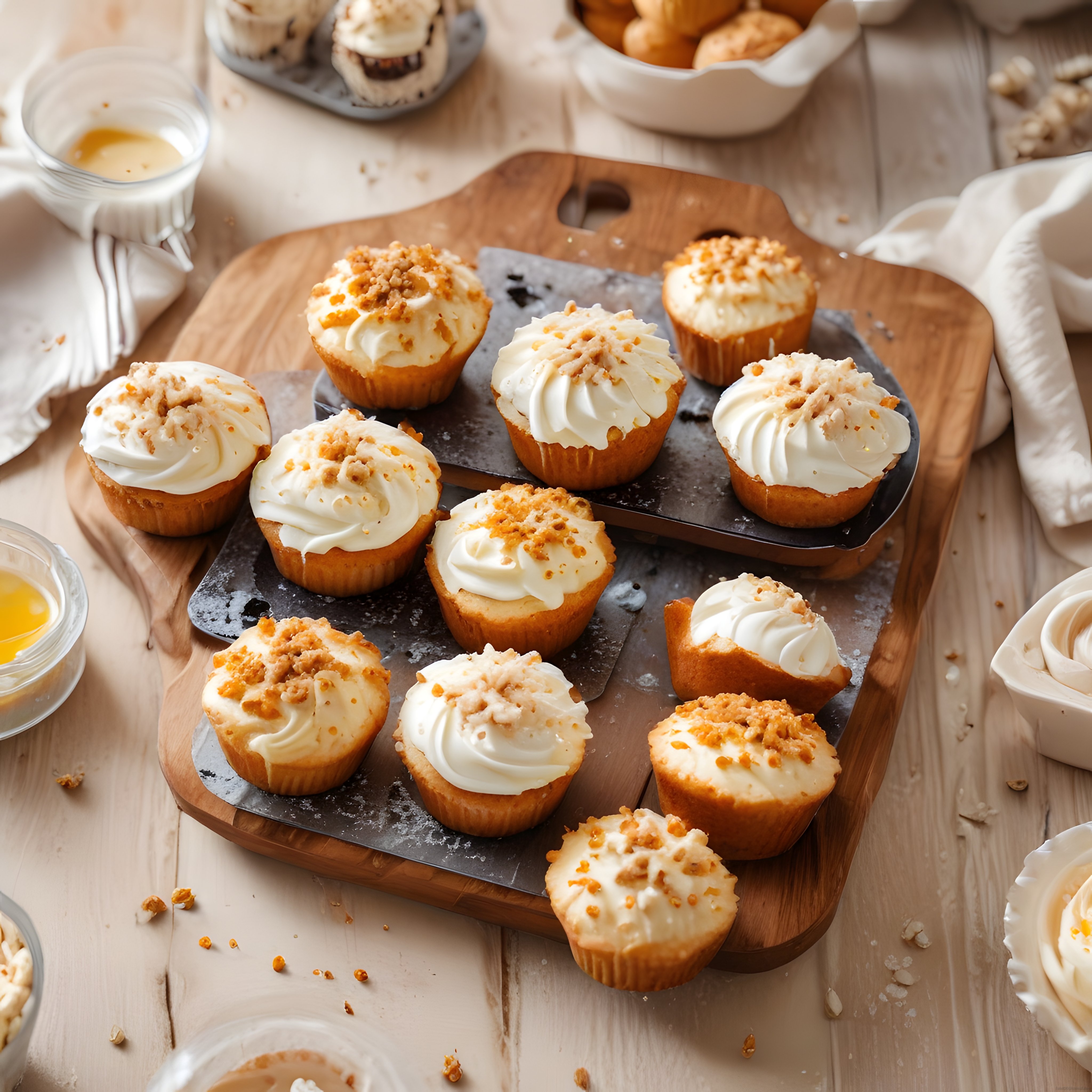 Ahşap Sunum Tahtası Üzerinde Kremalı Fındık Parçacıklı Cupcake Çeşitleri