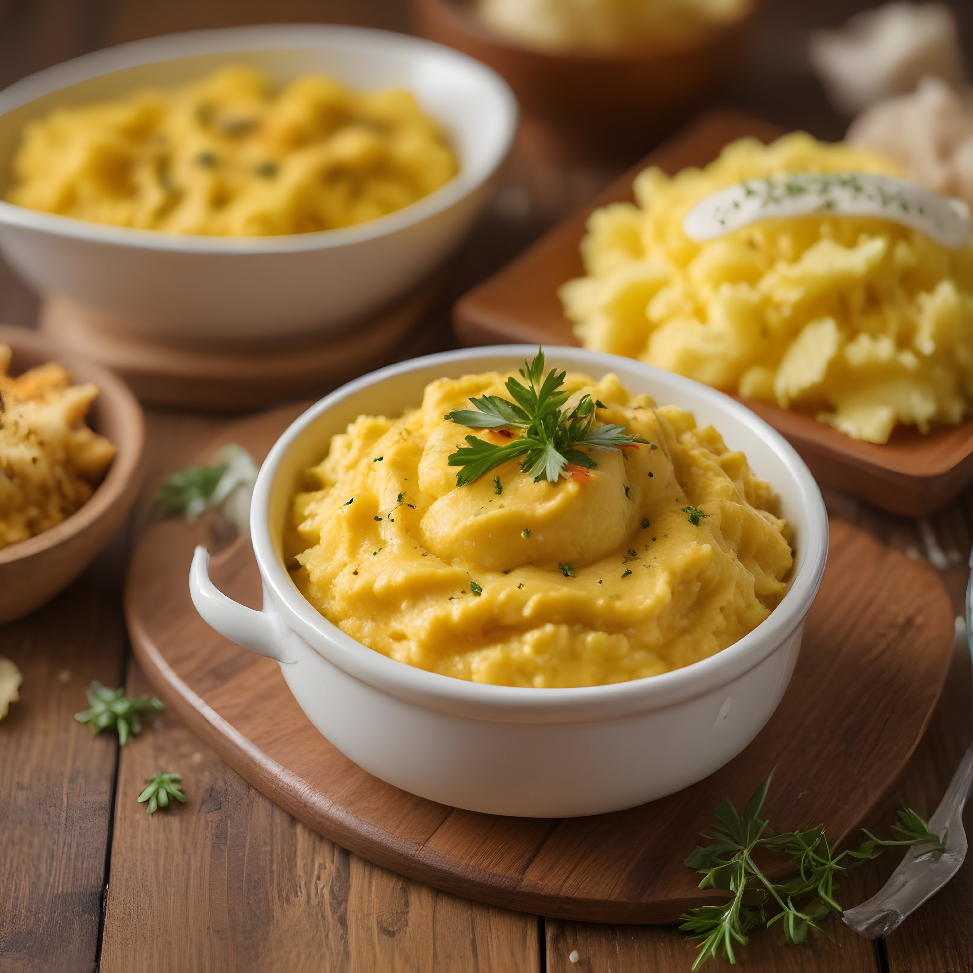 Ahşap Sunum Tahtası Üzerinde Kremalı Patates Püresi ve Ev Yapımı Makarna