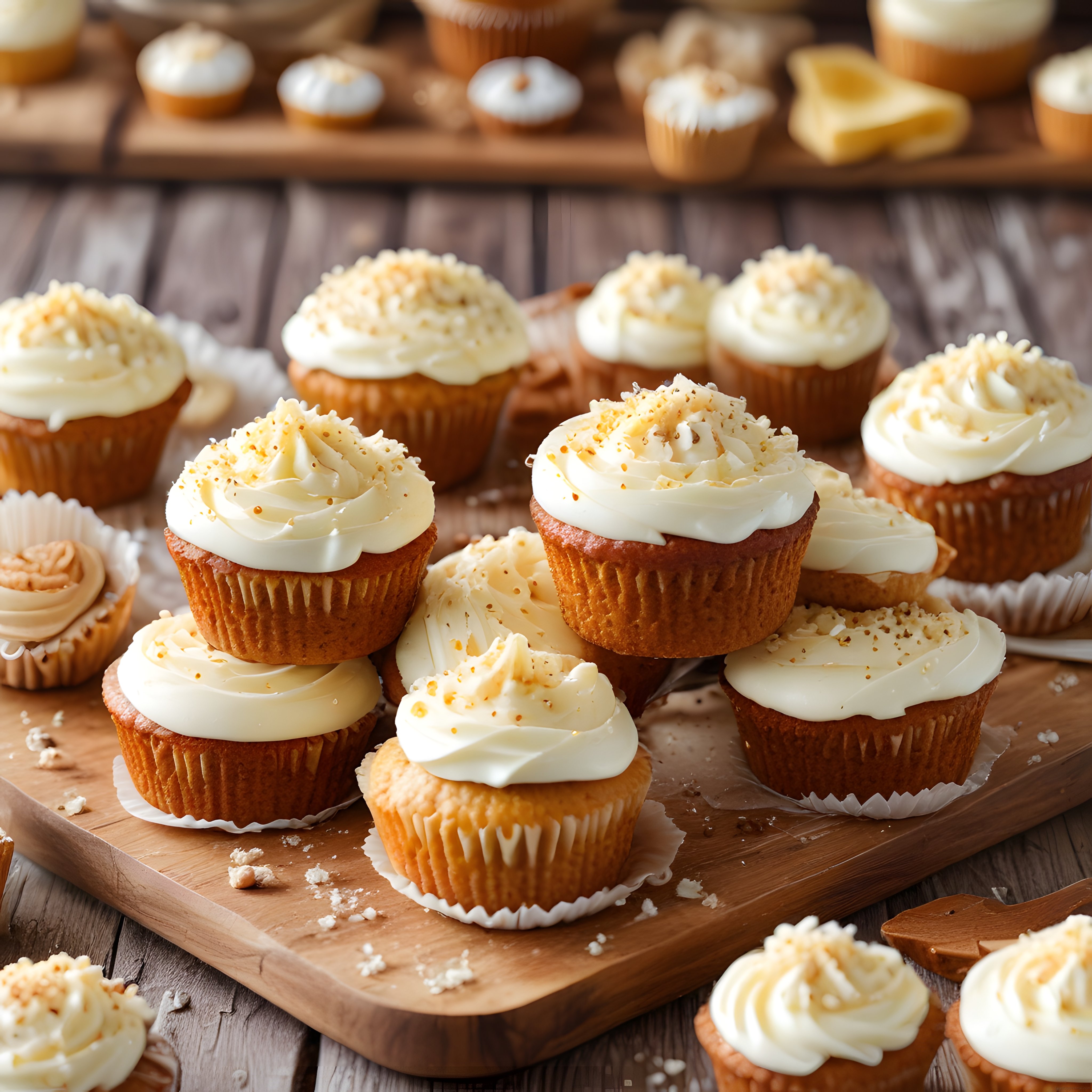 Ahşap sunum tahtası üzerinde kremalı ve hindistan cevizli taze cupcake'ler