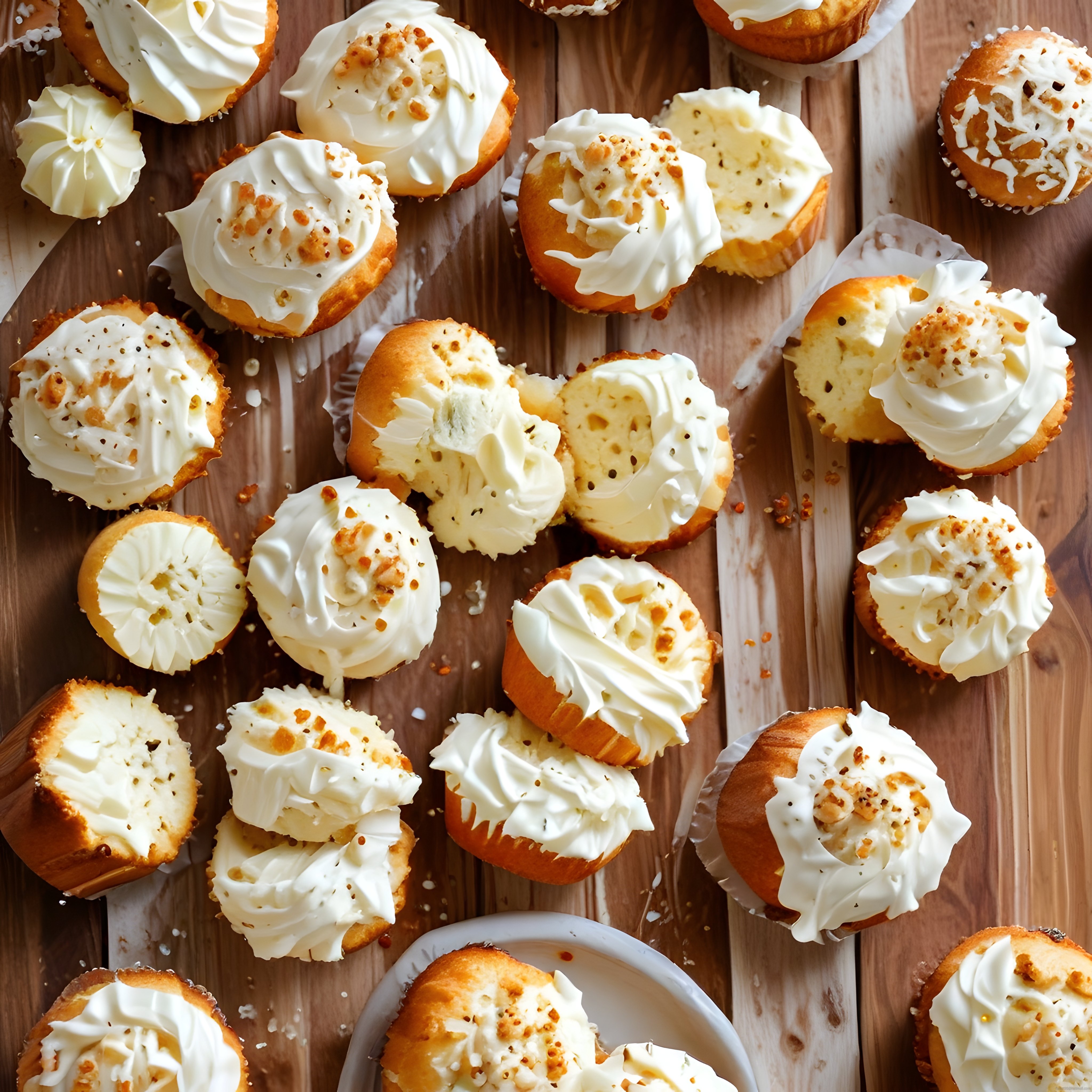 Ahşap Sunum Tahtası Üzerinde Kremalı ve Kırıntılı Taze Cupcake Çeşitleri