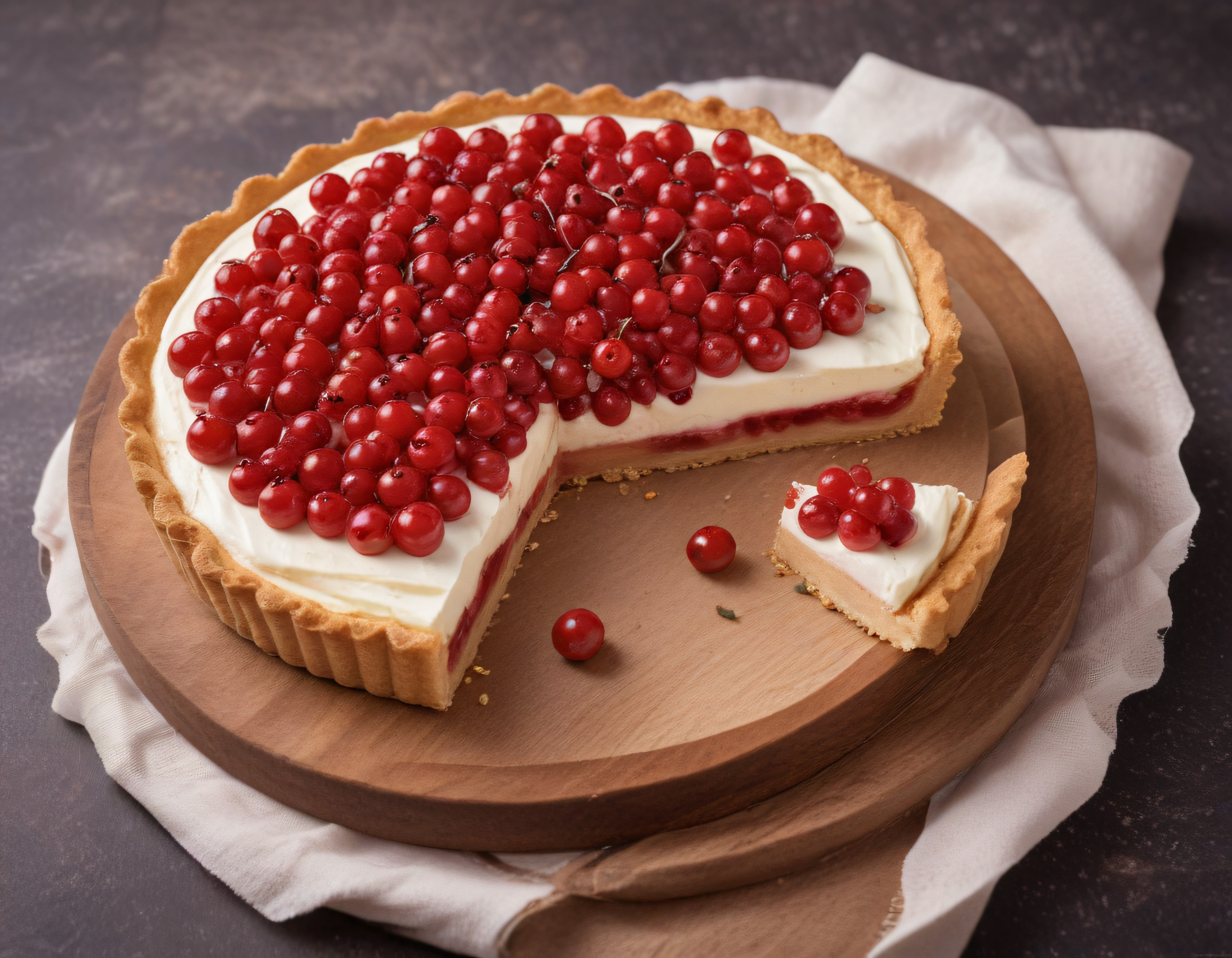Ahşap Sunum Tahtası Üzerinde Kremalı ve Kırmızı Meyveli Tart Pasta