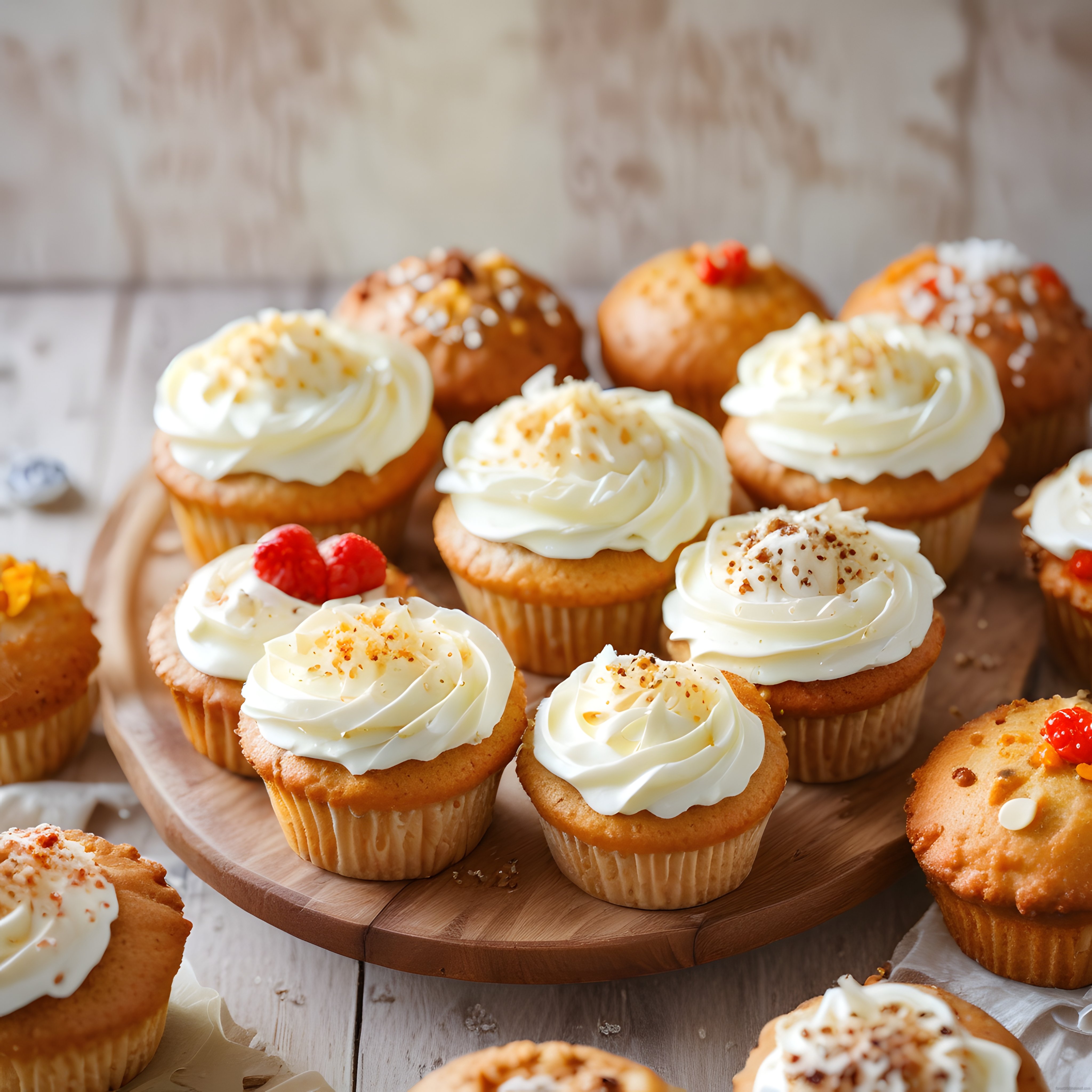 Ahşap sunum tahtası üzerinde kremalı ve meyveli cupcake çeşitleri