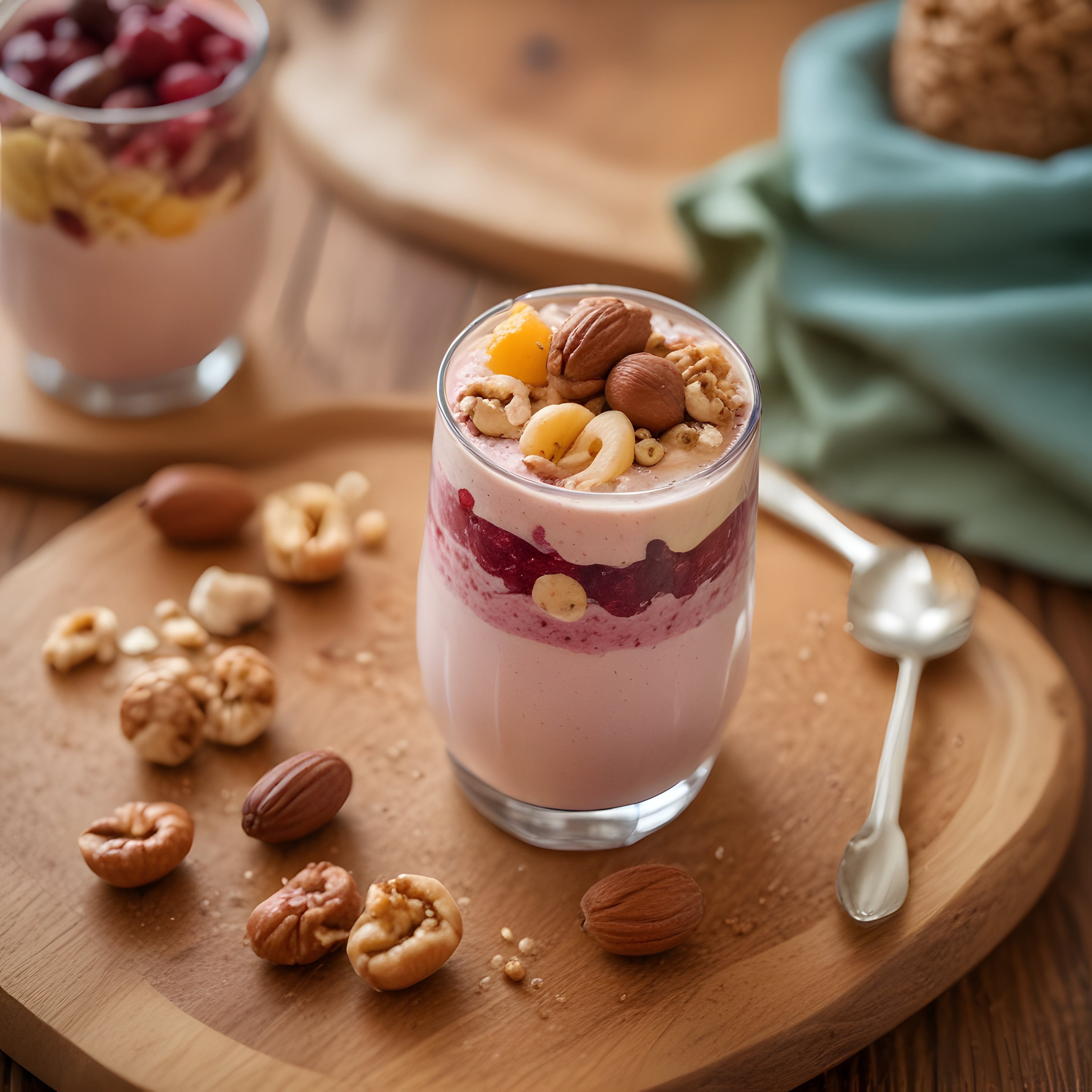 Ahşap Sunum Tahtası Üzerinde Kuruyemişli ve Meyveli Katmanlı Smoothie Bardağı