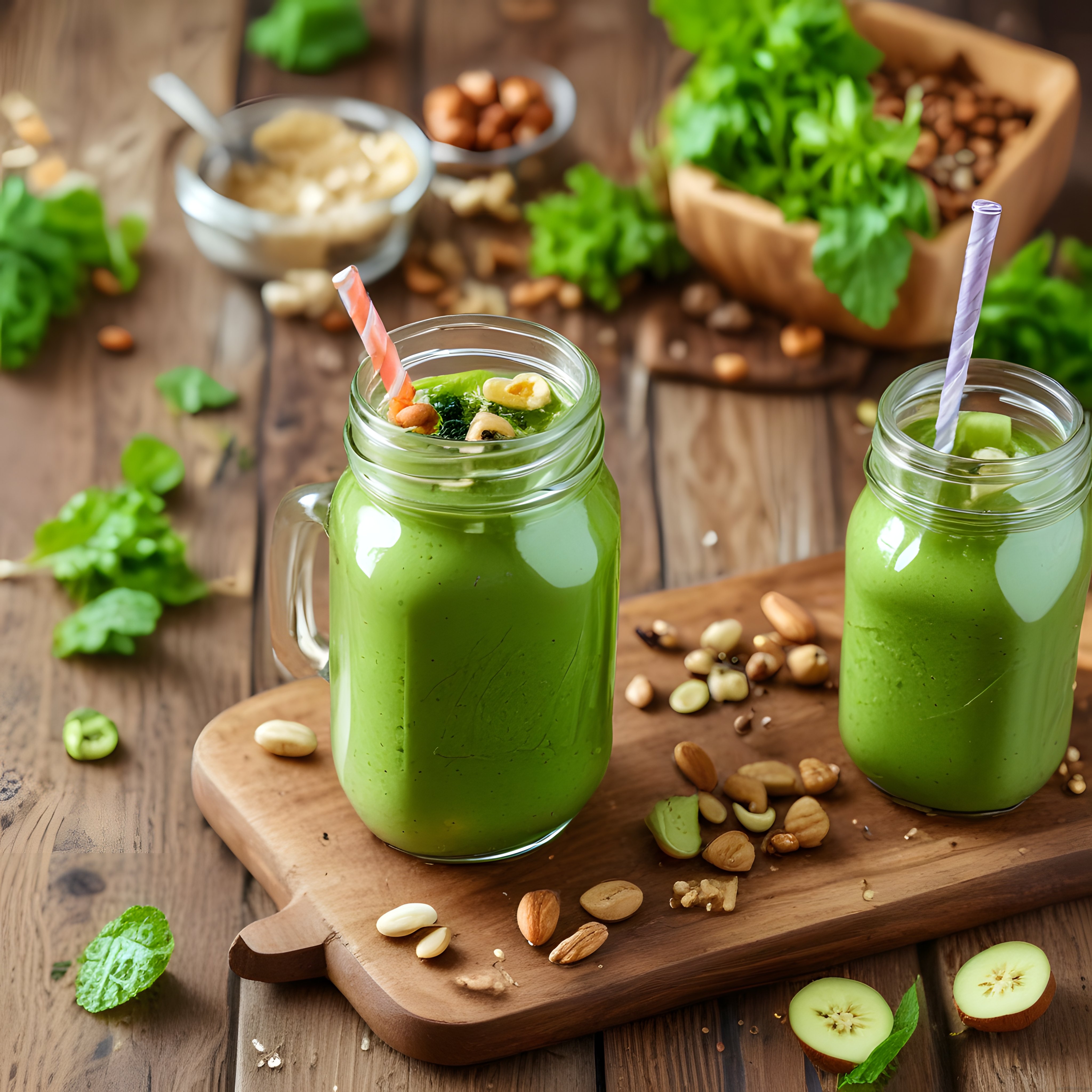 Ahşap Sunum Tahtası Üzerinde Kuruyemişli Yeşil Smoothie Kavanozları