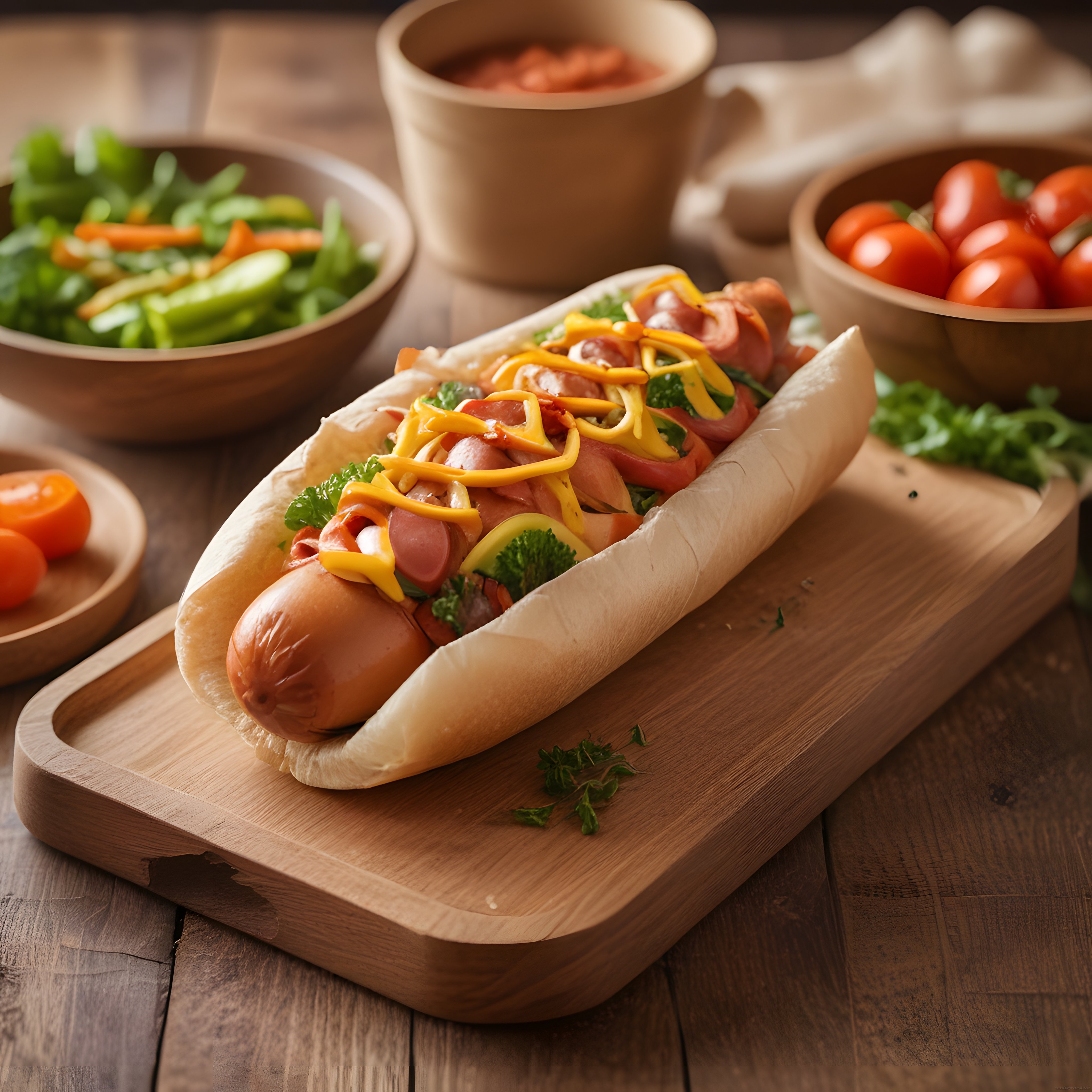 Ahşap Sunum Tahtası Üzerinde Lezzet Dolu Sosisli Hot Dog ve Taze Malzemeler