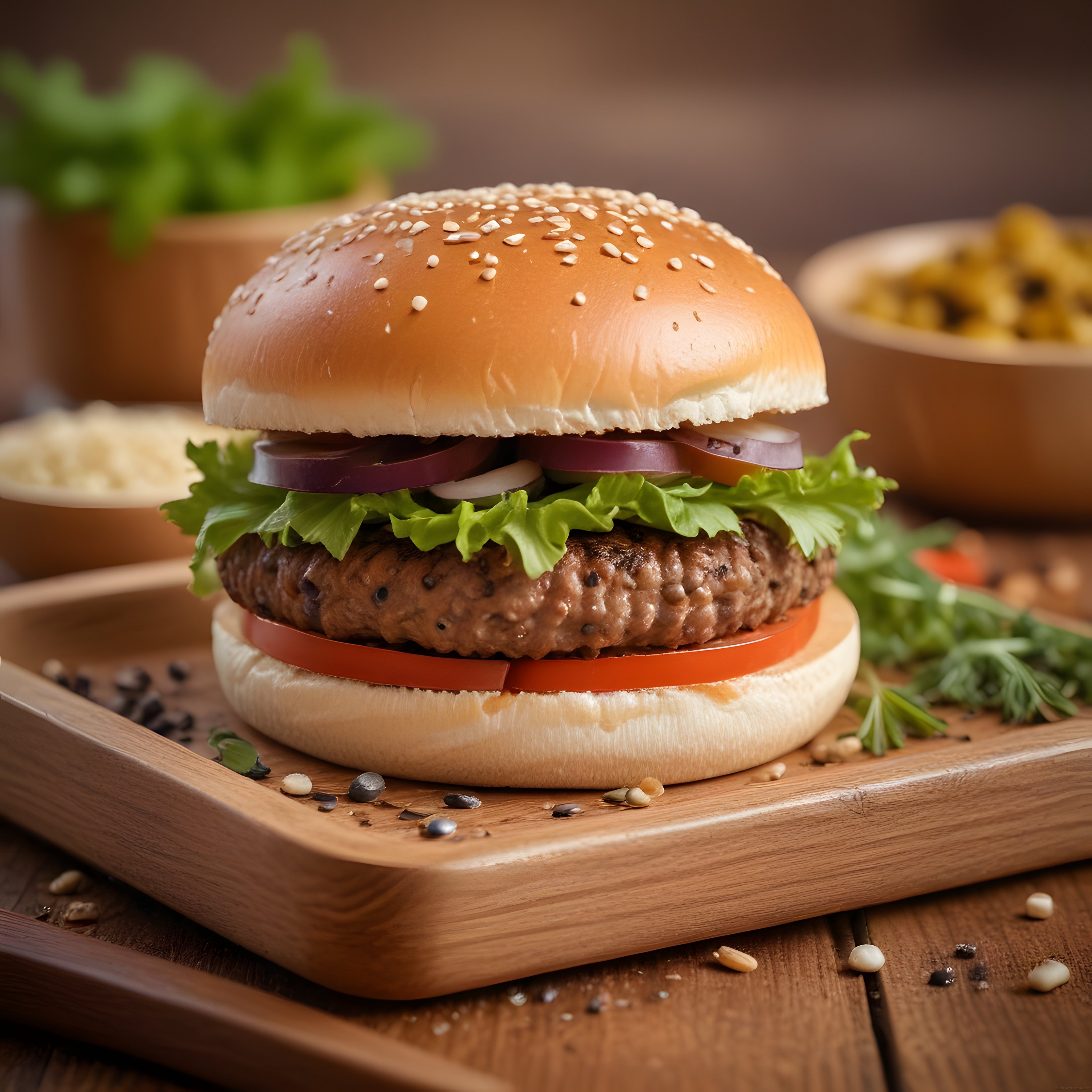 Ahşap Sunum Tahtası Üzerinde Lezzetli Dana Etli Hamburger ve Patates Kızartması