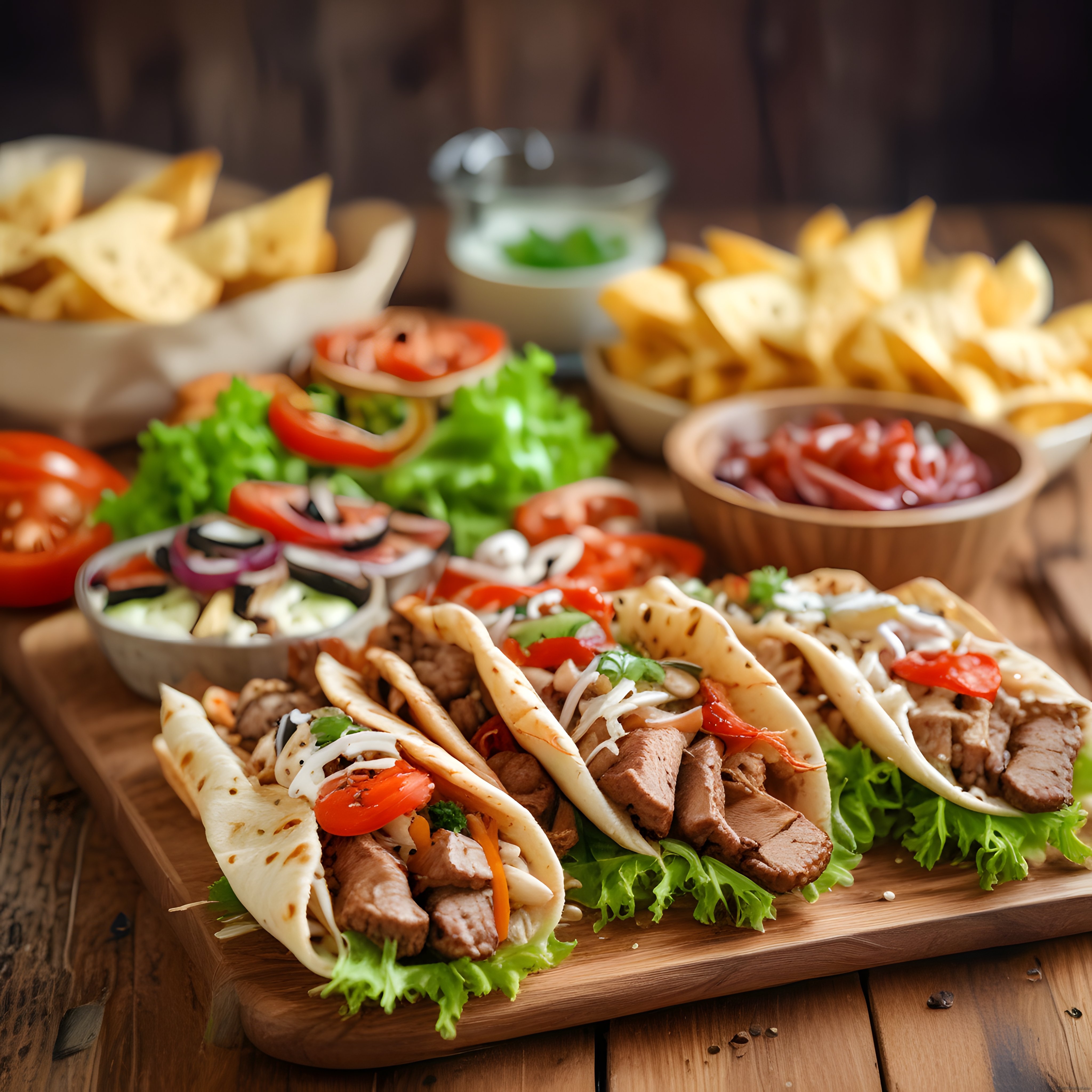 Ahşap Sunum Tahtası Üzerinde Lezzetli Etli Taco ve Taze Salata Sunumu