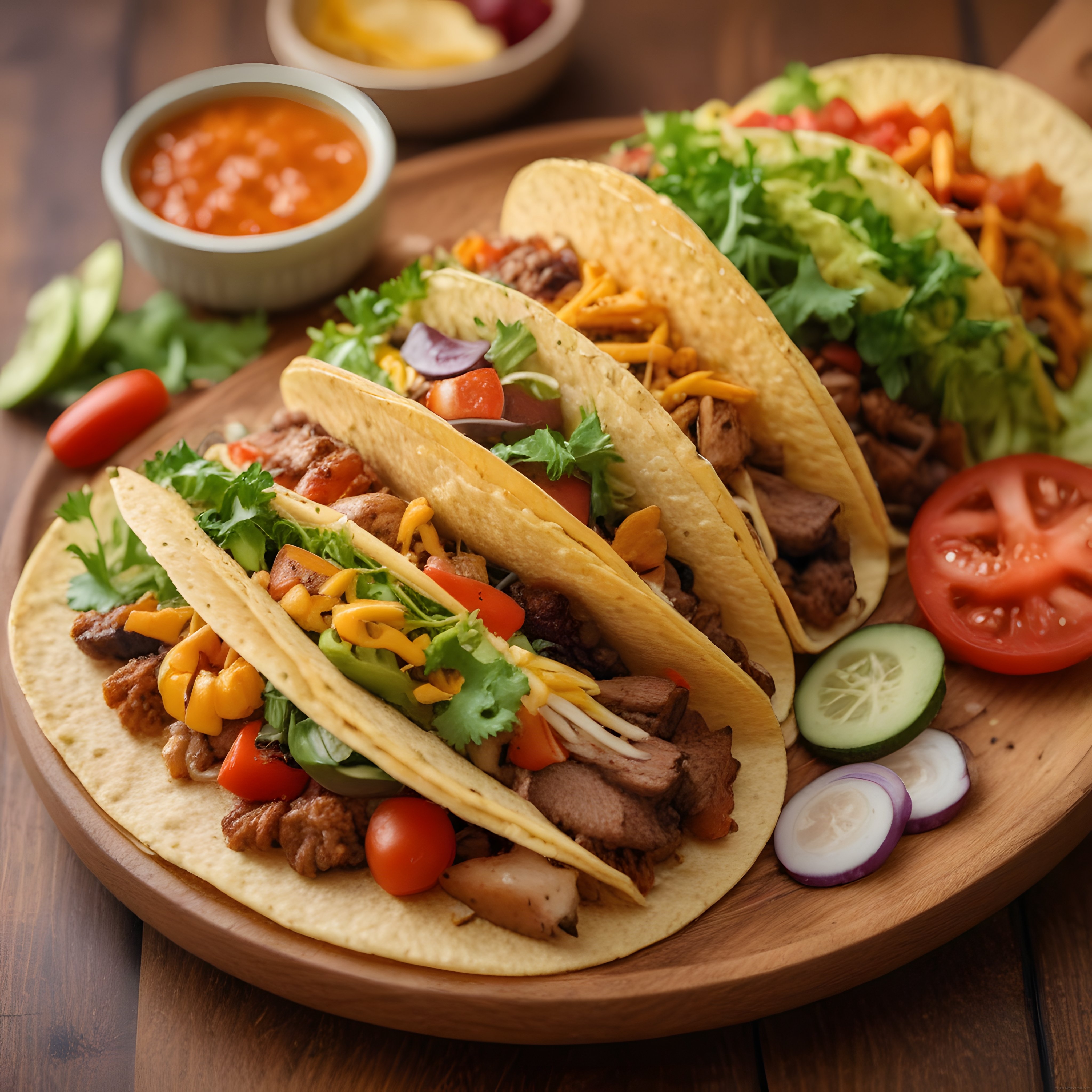 Ahşap Sunum Tahtası Üzerinde Lezzetli Etli Taco ve Taze Sebzeler