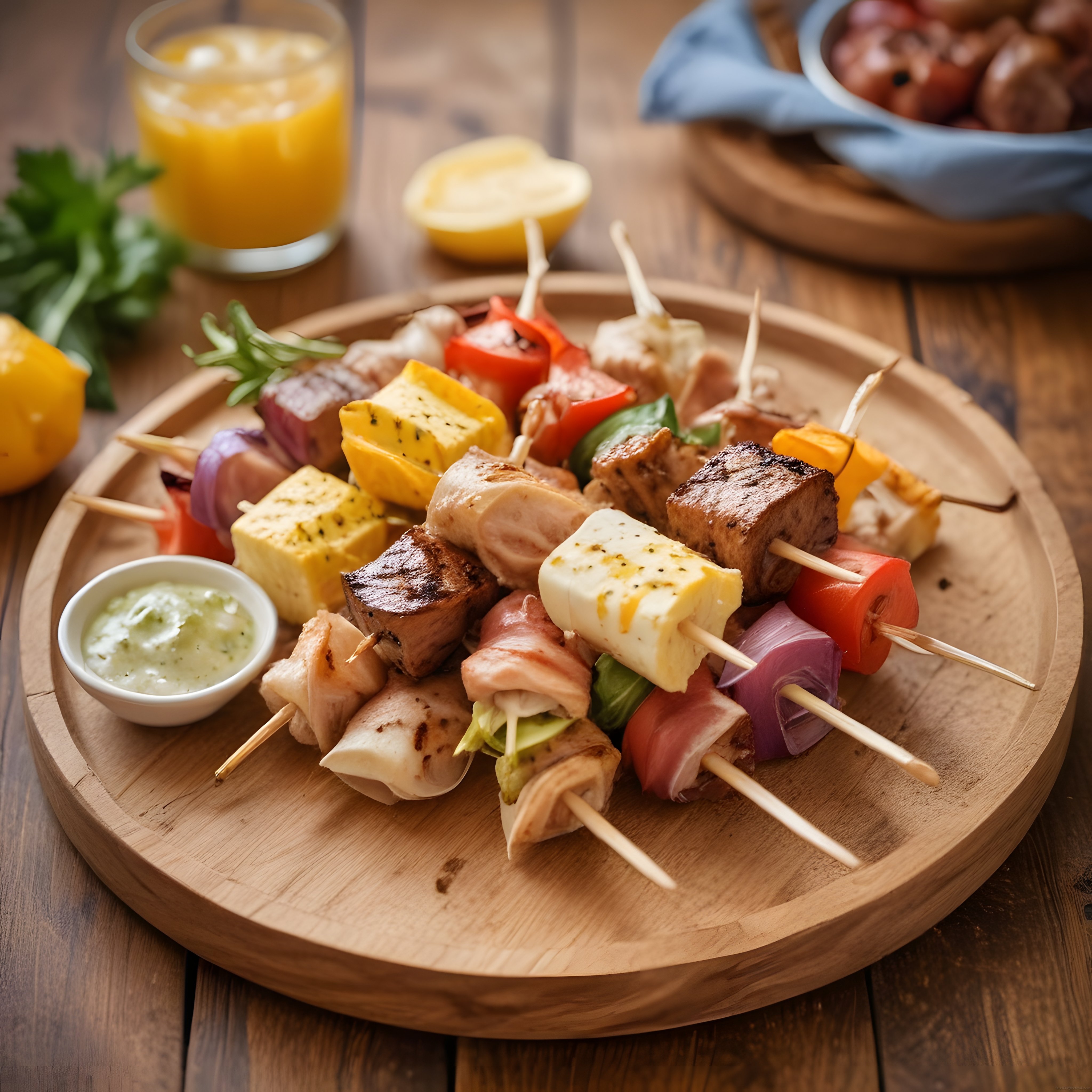 Ahşap Sunum Tahtası Üzerinde Lezzetli Izgara Şiş Kebap Çeşitleri ve Sos