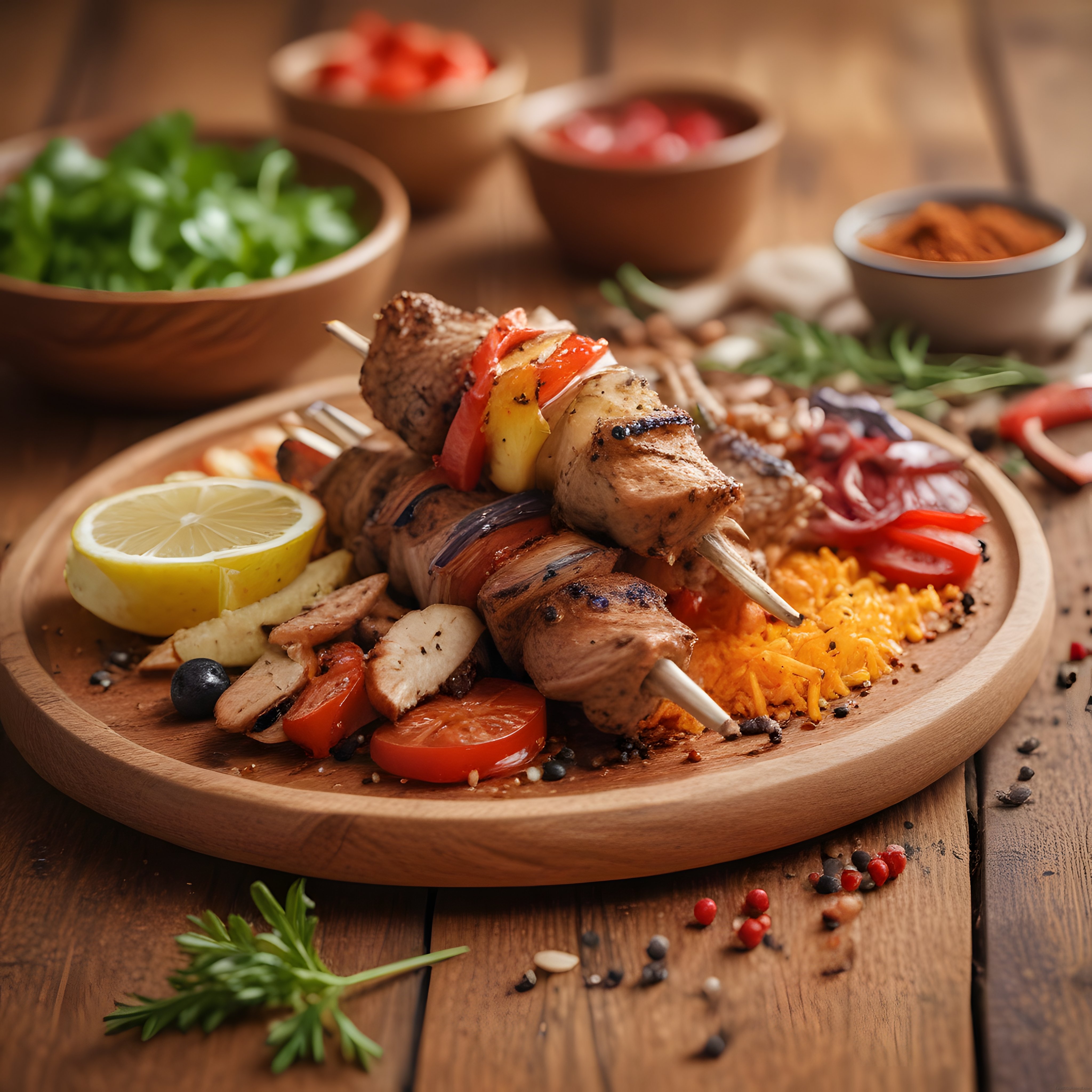 Ahşap Sunum Tahtası Üzerinde Lezzetli Izgara Şiş Kebap ve Renkli Yan Lezzetler