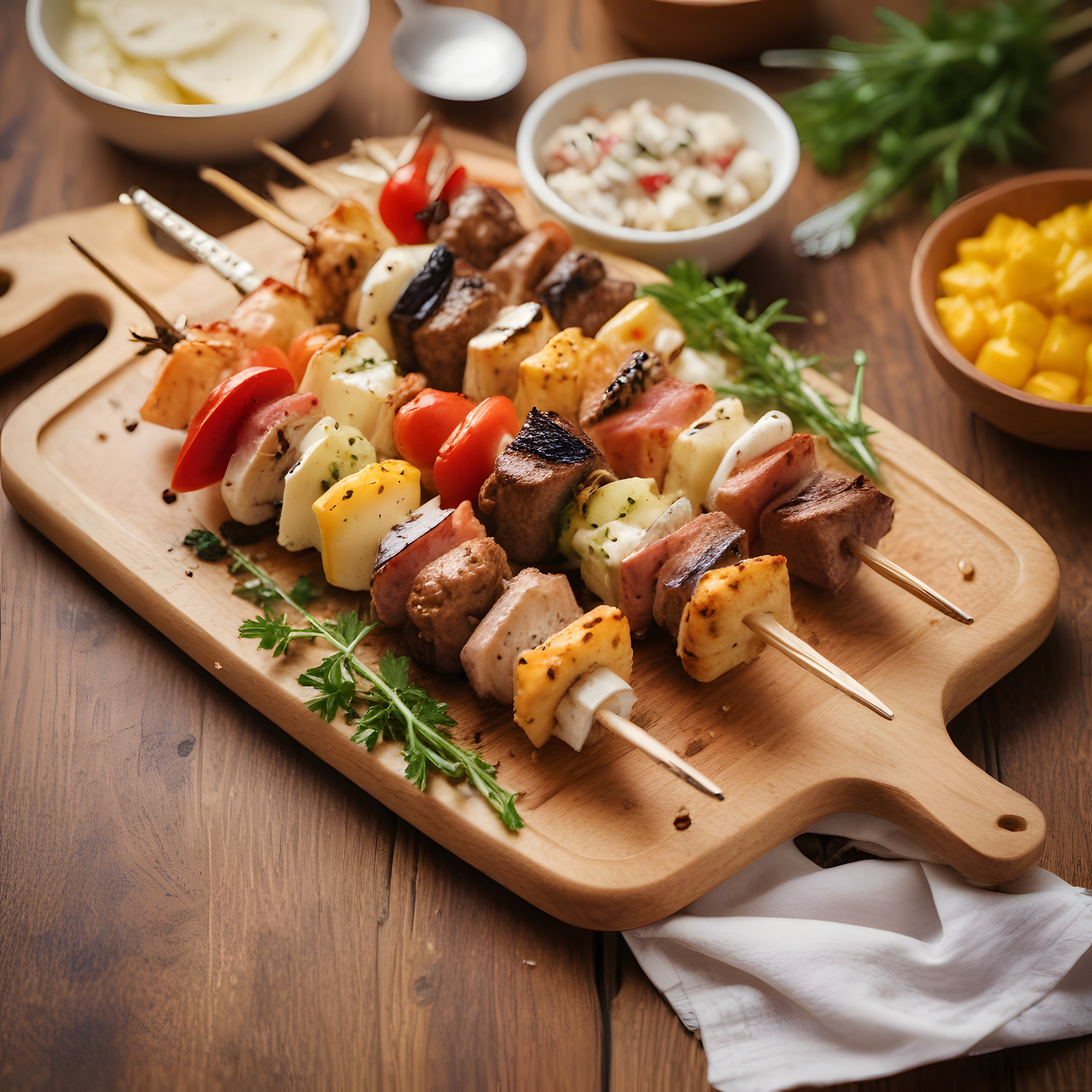 Ahşap Sunum Tahtası Üzerinde Lezzetli Karışık Izgara Şiş Kebap Sunumu