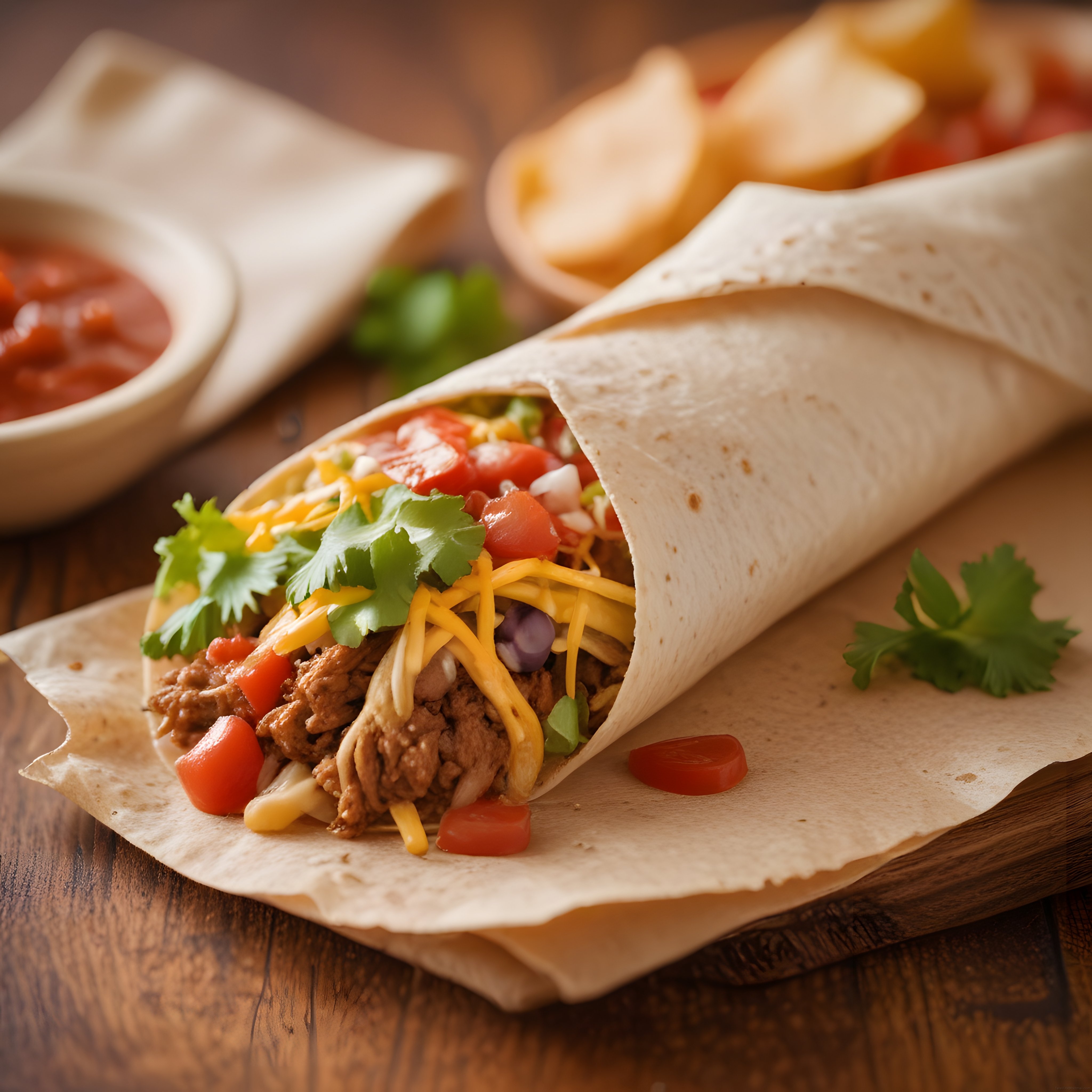Ahşap Sunum Tahtası Üzerinde Lezzetli Meksika Burritosu ve Salsa Sosu