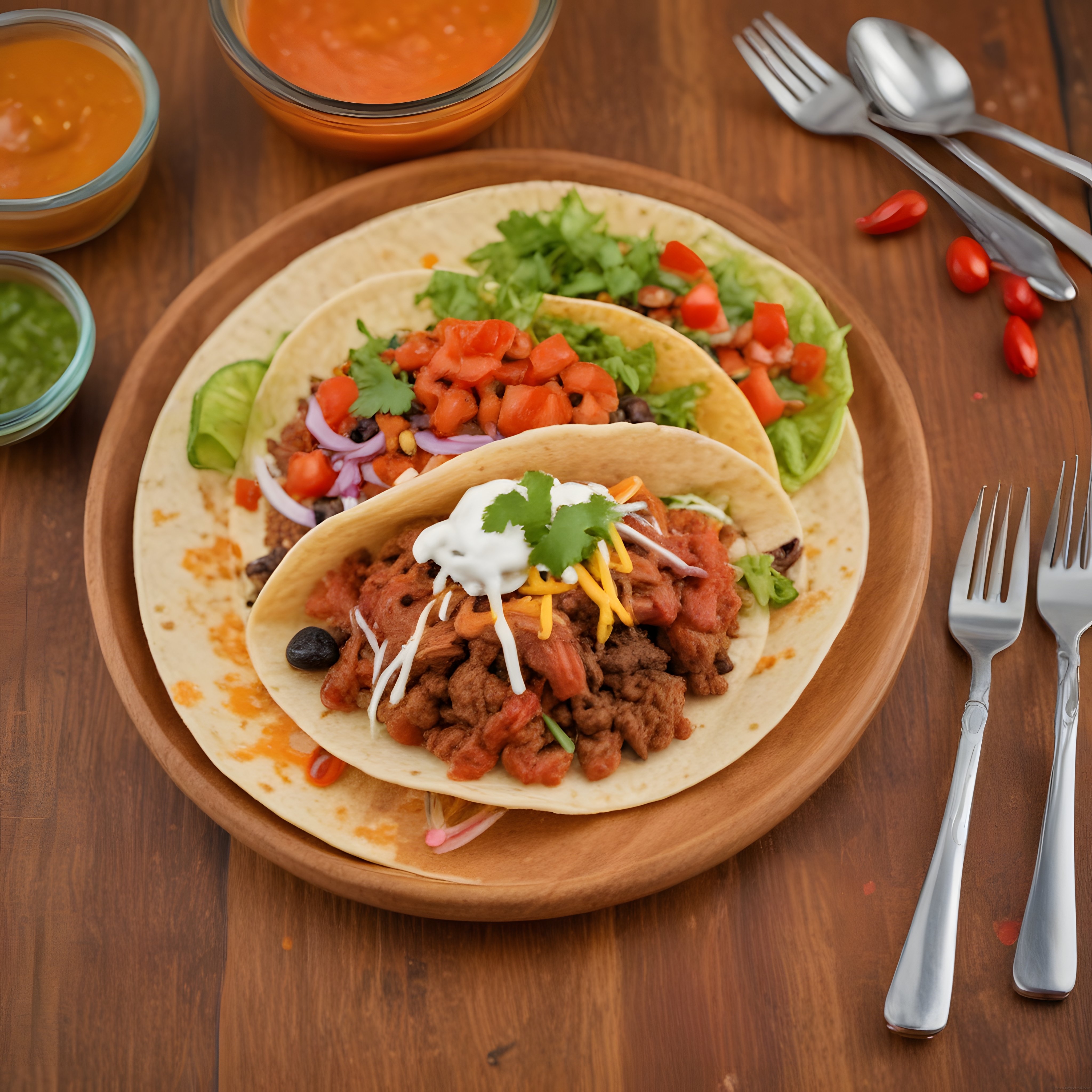 Ahşap Sunum Tahtası Üzerinde Lezzetli Meksika Tacos ve Taze Soslar