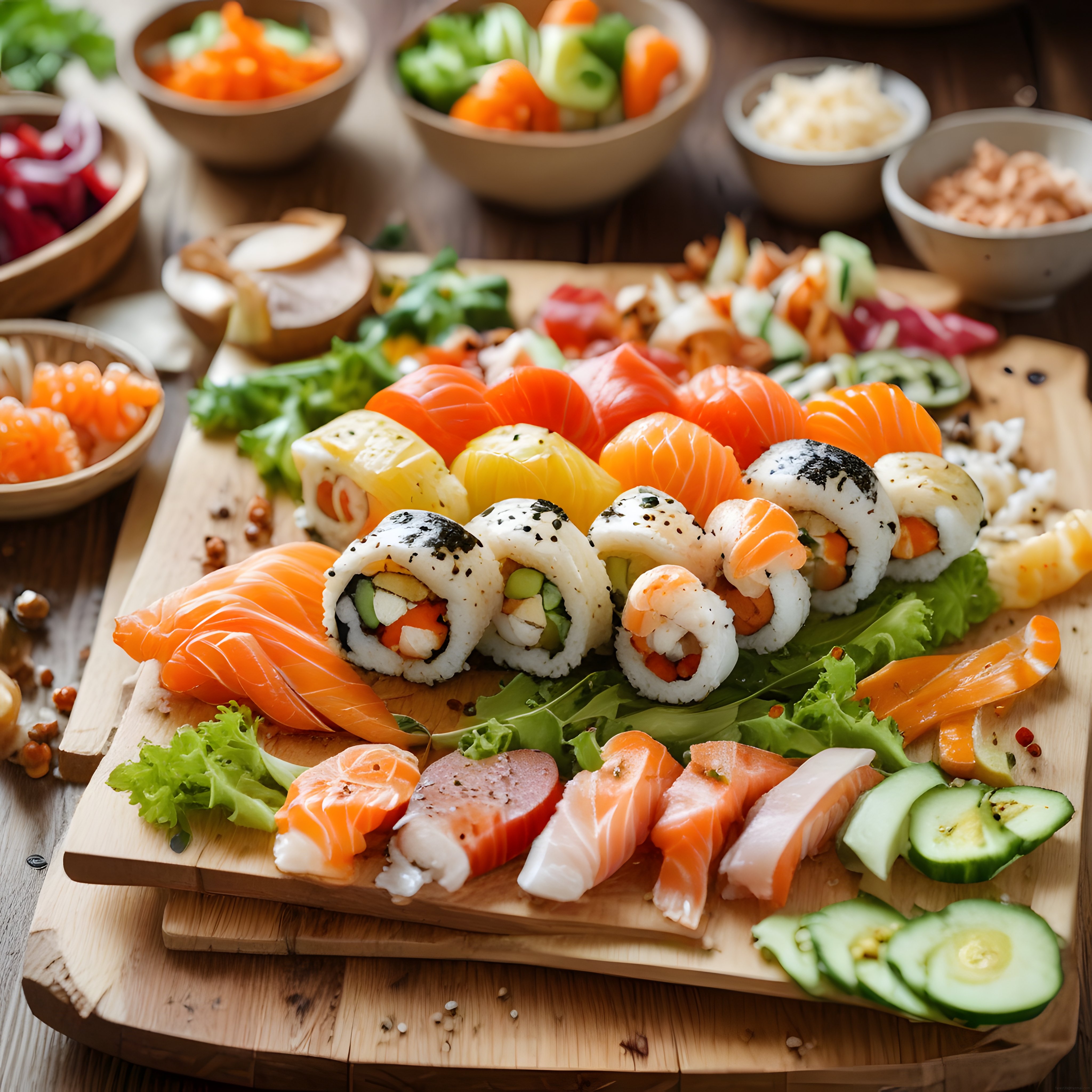 Ahşap Sunum Tahtası Üzerinde Lezzetli Sushi ve Taze Somon Çeşitleri