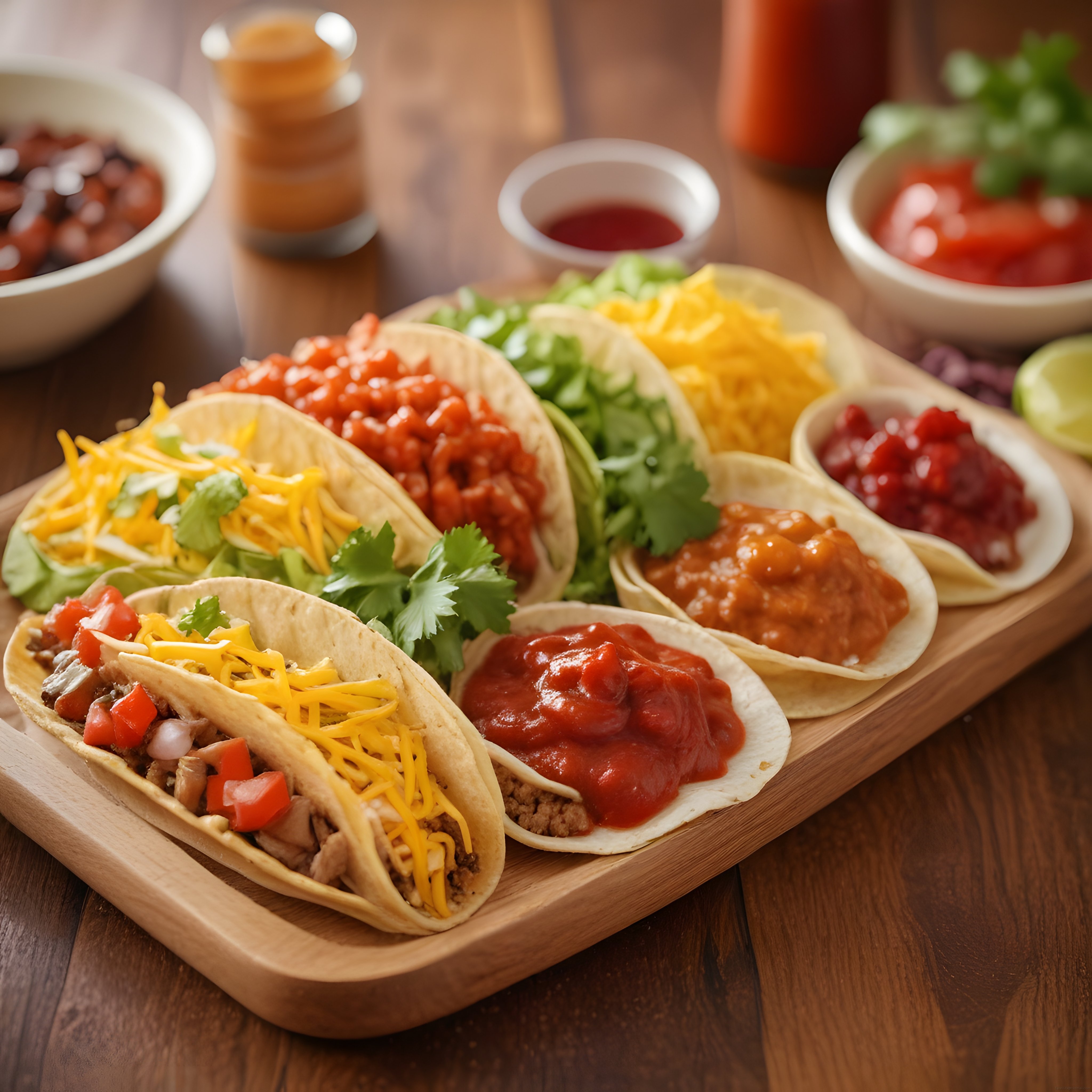 Ahşap Sunum Tahtası Üzerinde Lezzetli ve Renkli Meksika Taco Çeşitleri