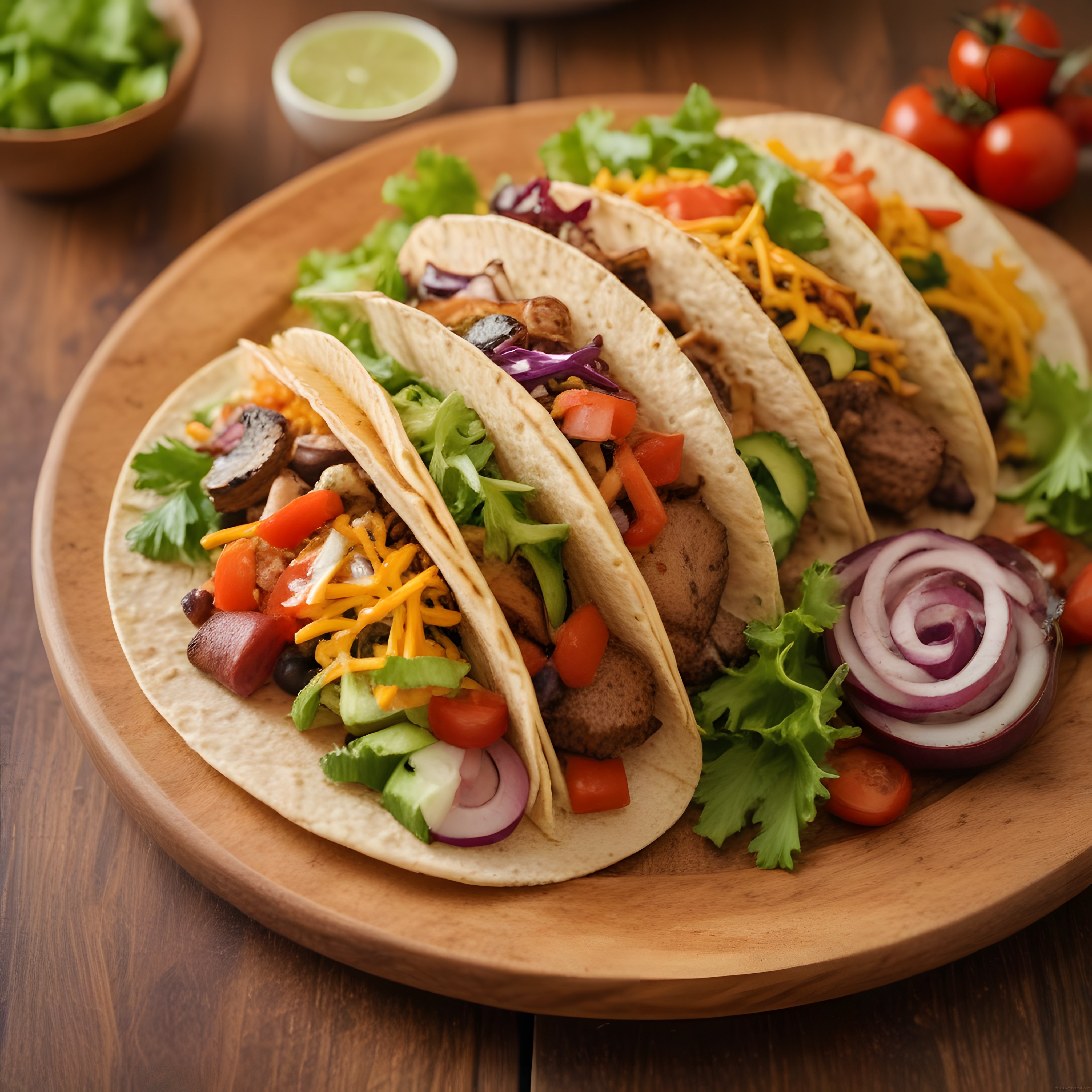 Ahşap Sunum Tahtası Üzerinde Lezzetli ve Renkli Meksika Taco Sunumu