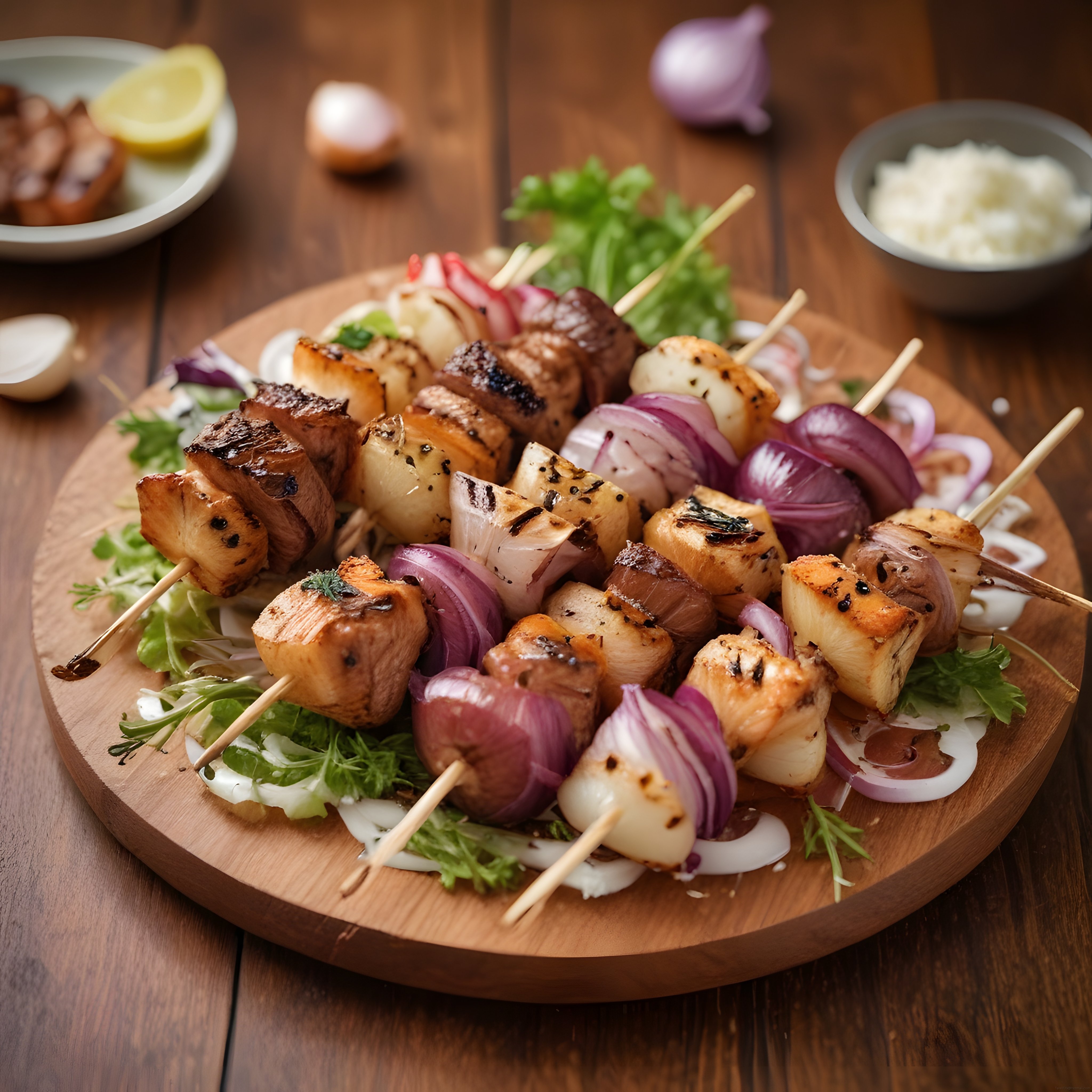 Ahşap Sunum Tahtası Üzerinde Lokum Gibi Pişmiş Et ve Soğanlı Şiş Kebap