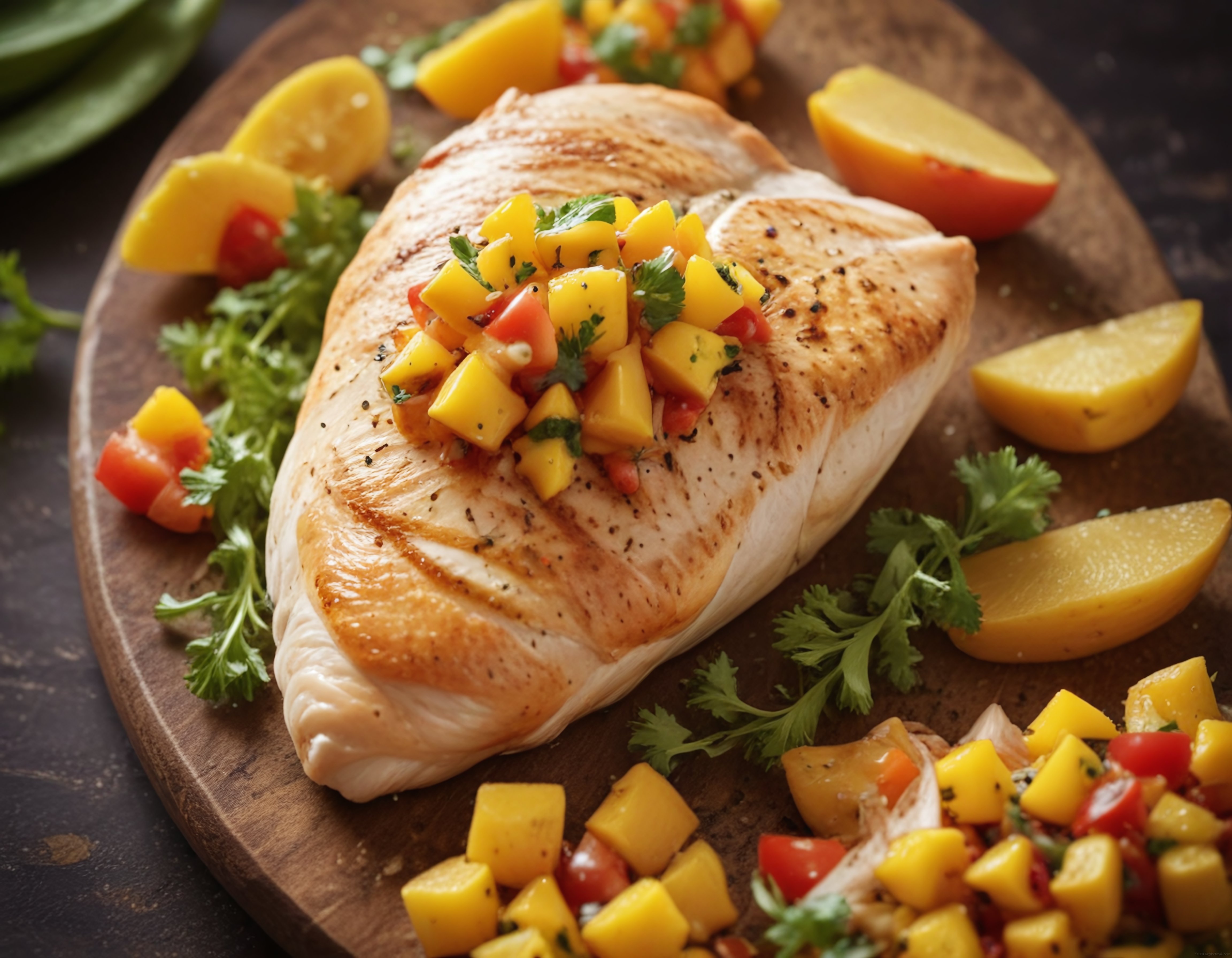 Ahşap Sunum Tahtası Üzerinde Mango Soslu Izgara Tavuk Göğsü ve Taze Kişniş