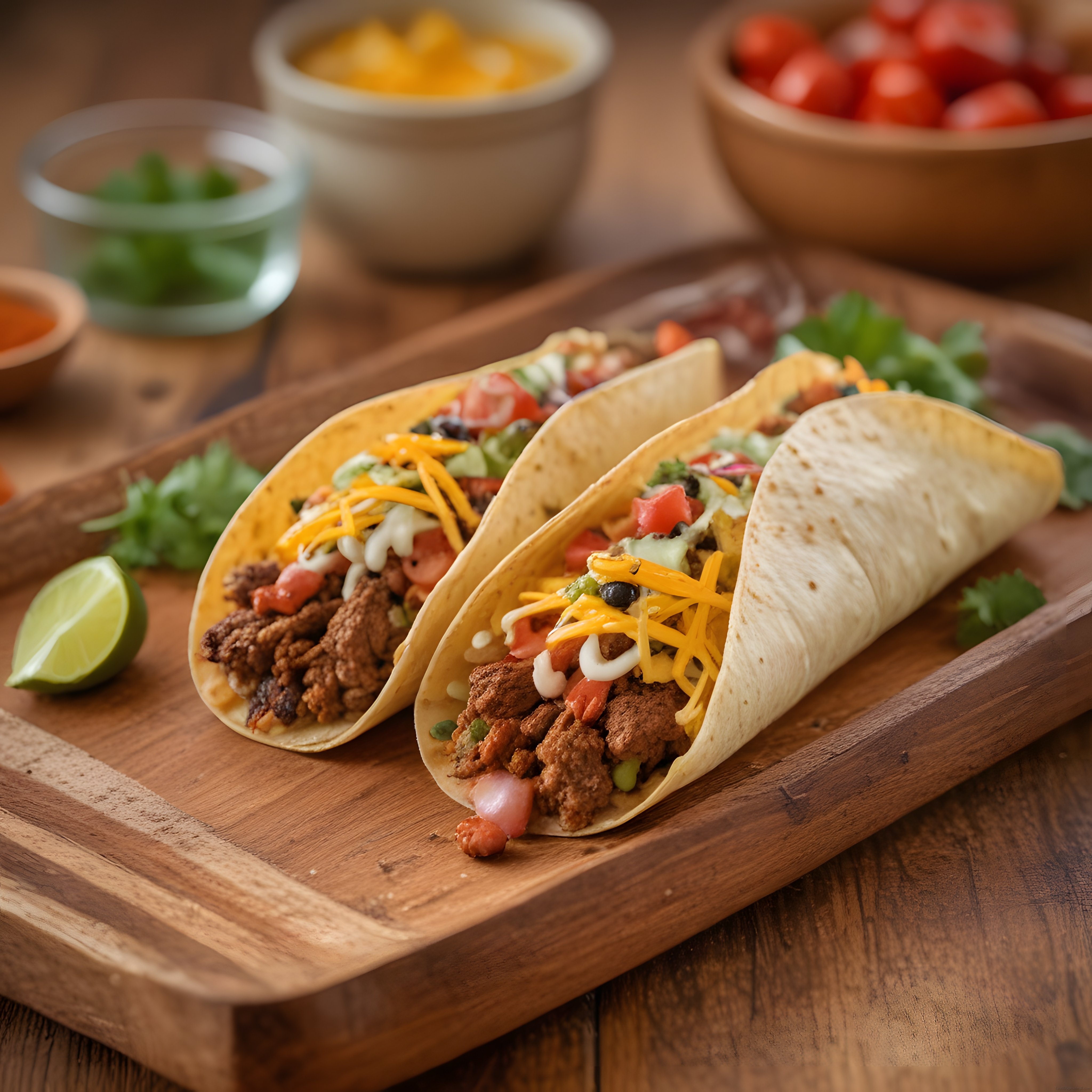 Ahşap Sunum Tahtası Üzerinde Meksika Tacos ve Taze Malzemeler