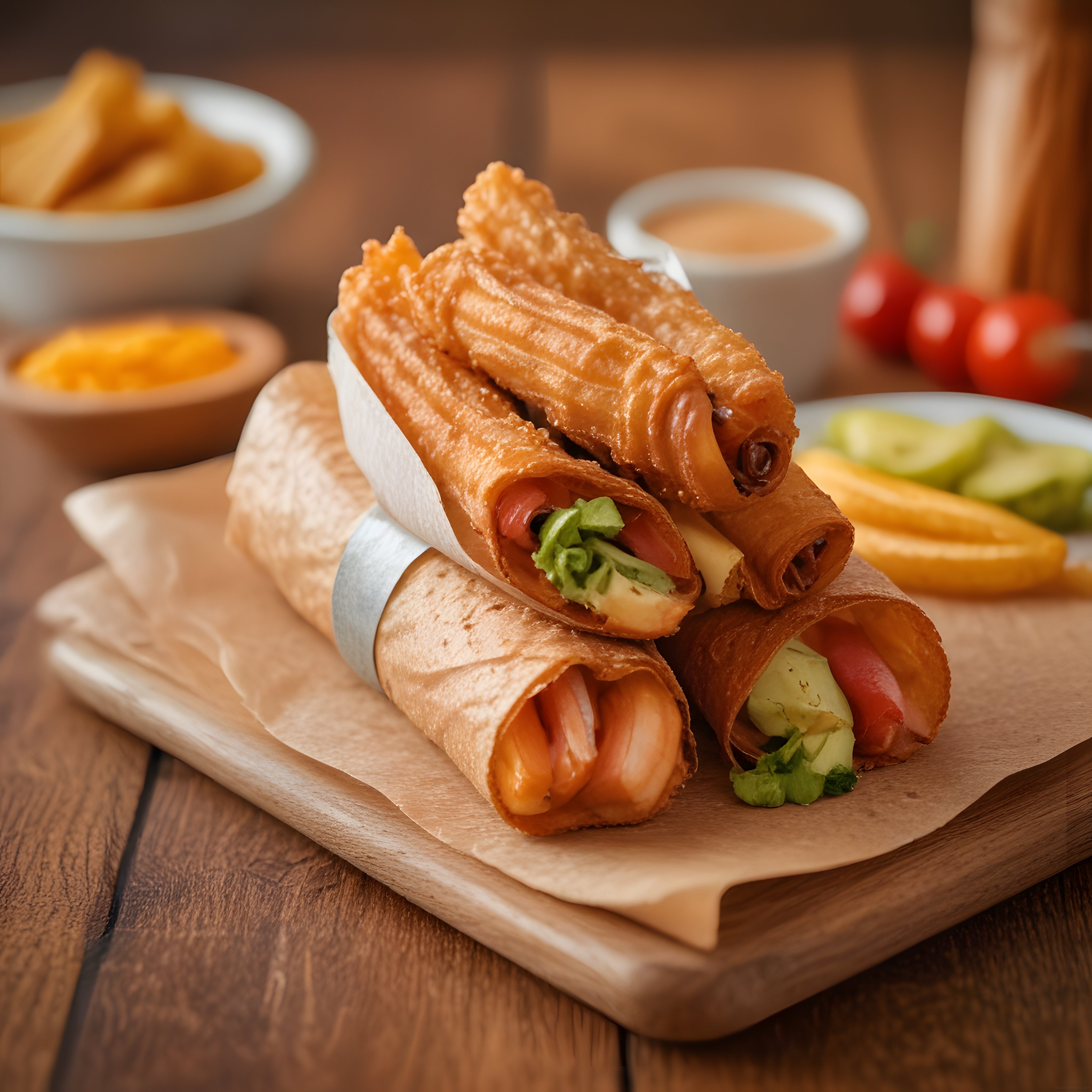Ahşap Sunum Tahtası Üzerinde Meksika Usulü Dolgulu Çıtır Rulo Taco ve Dürüm